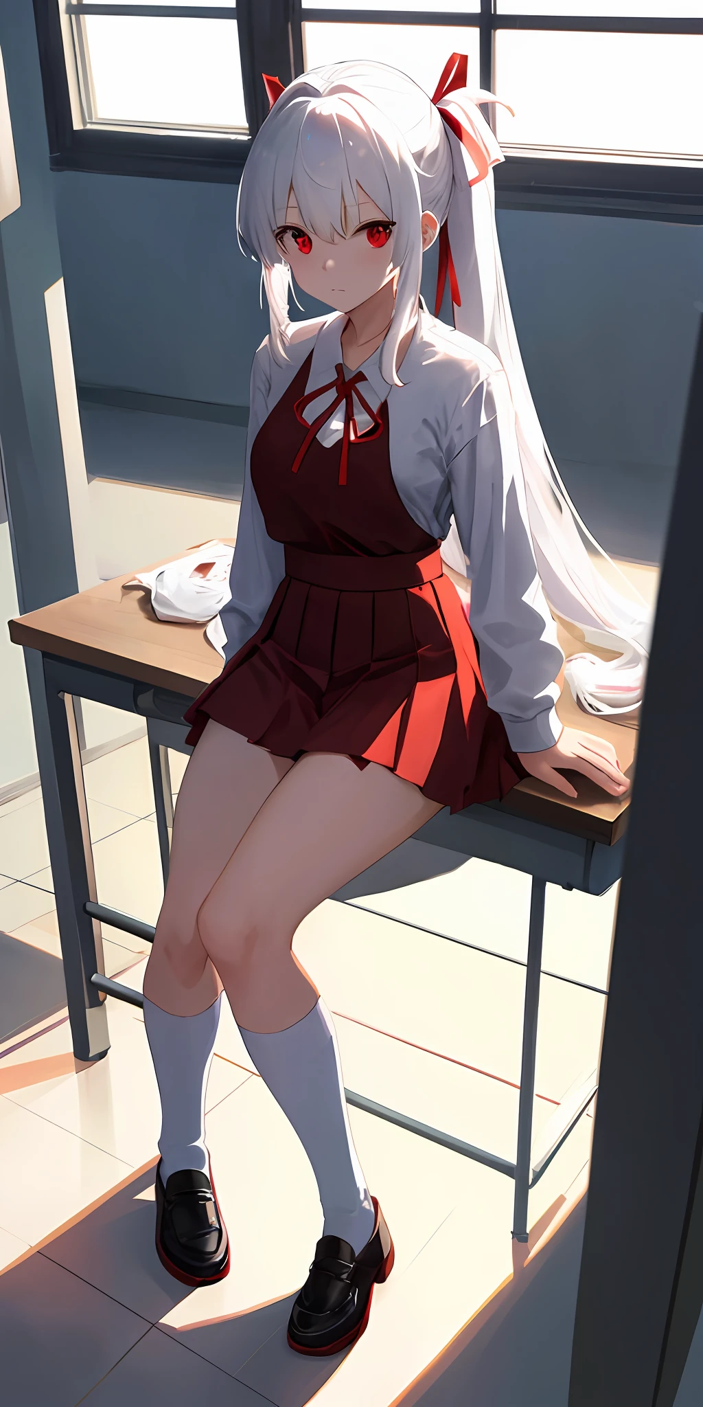Anime girl with full white hair, long ponytail tied with red ribbon, ahoge, red eyes, > _ , medium sized breasts,school uniform, back top uniform with red ribbon and white collar, white skirt with red lining, black shoes with red lining, school classroom, classroom, sit on desk,next to window, sunny, full body image, wearning white thights, face viewer