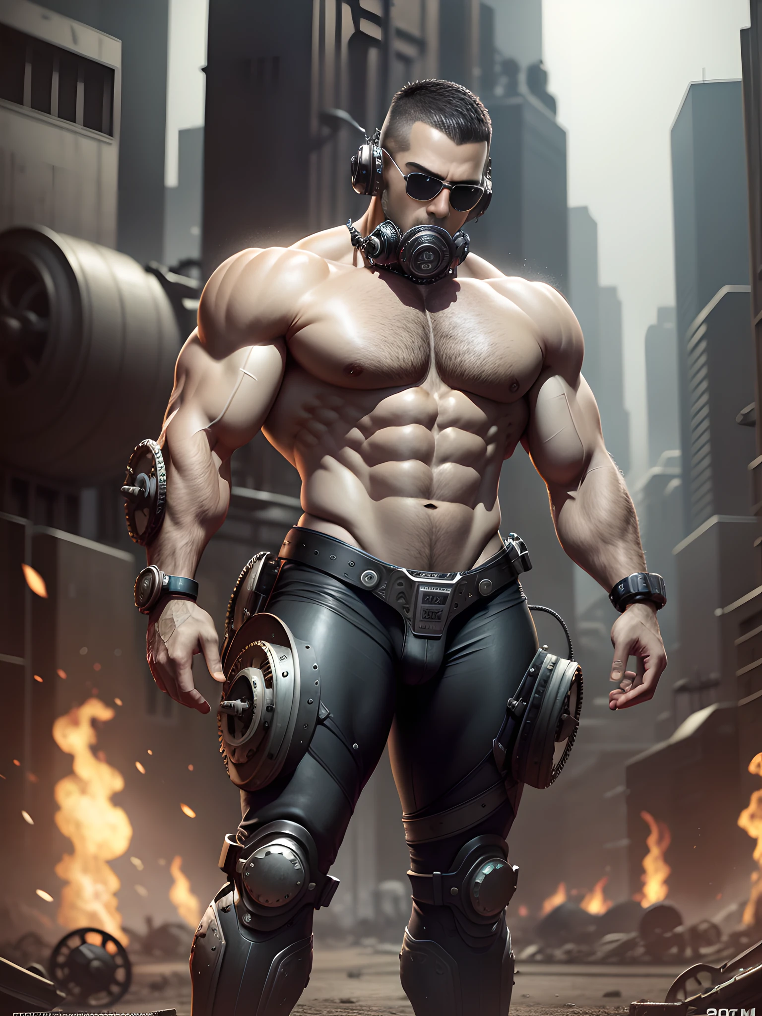 Male in the Heath, tall burly, dark black tights, big muscles, big bumps, Buzz cut, black sunglasses, black military boots, buzz cut, steampunk style, steampunk art, complex mechanical devices such as gears, pipes, valves, (huge industrial building: 1.4), gray theme, retro futurism, crazy details, (Fujiflim XT3), 20 megapixels, detailed, cinematic particles,