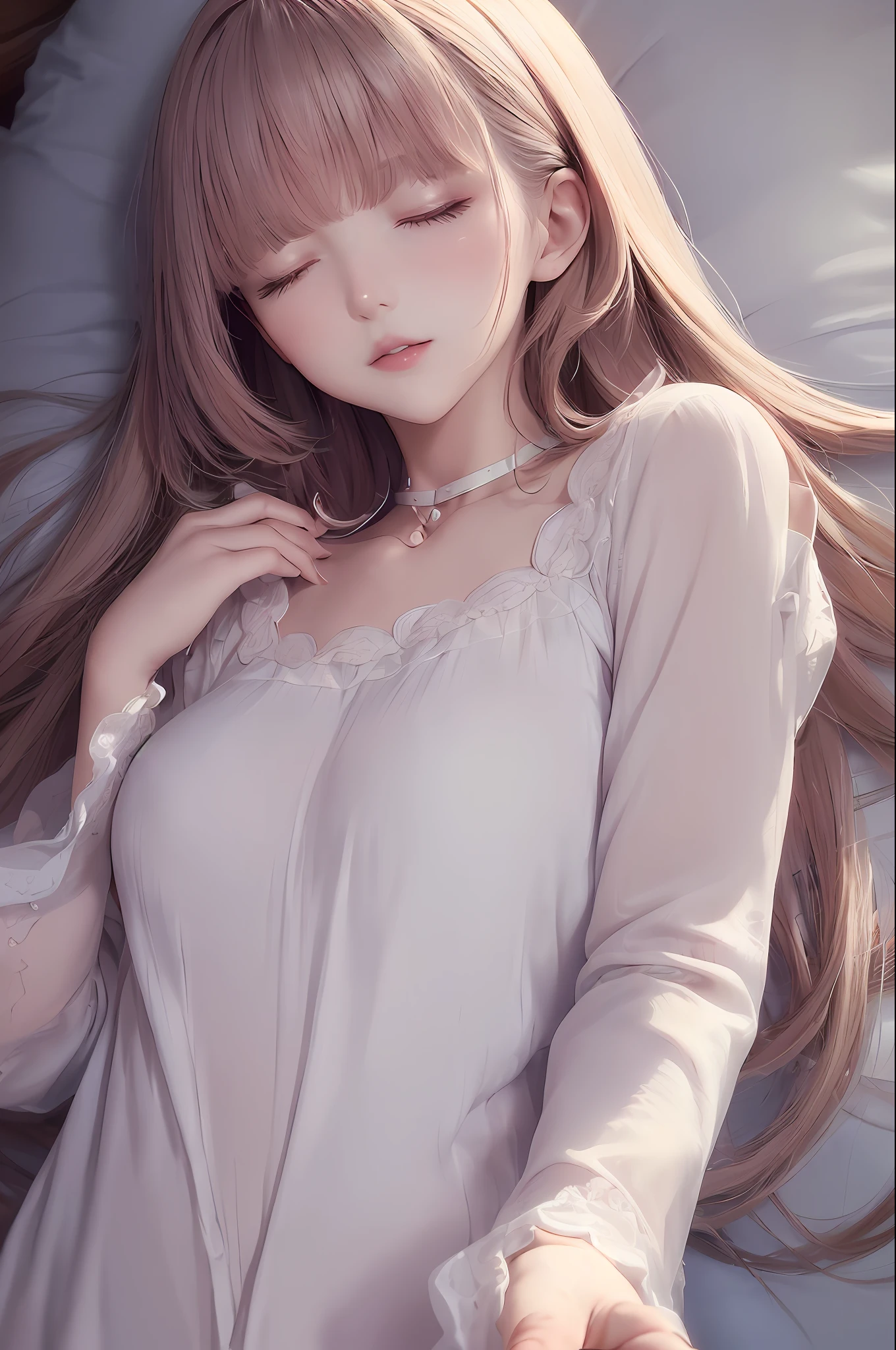 (very delicate and beautiful), ((woman)) ((pajamas with collar)) (bright blurring background) (very delicate and beautiful), (reaching out) (simple clothes), (beauty) (upper body) (soft expression), (dynamic angle, portrait), (fluffy hair), (pajamas with collar), (sleeping) beautiful face, white skin, depth of field, shining lips, bright colors, ( Sleeping) (expressionless) (female)