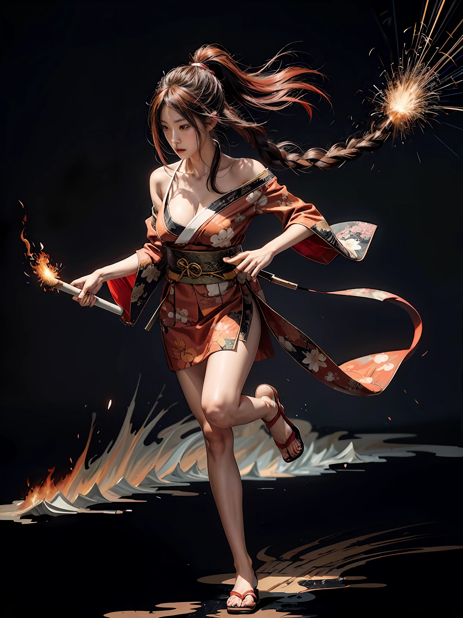(Japanese painting:1.1) art poster, acrylic paint \(medium\), blazing, text, simple background, bare shoulders, fiery hair, black hair, hair ornament, breasts, cleavage, japanese clothes, kimono, obi, sandals, sash, embers, flaming weapon, holding weapon, pyrokinesis, solo, sparks, tail-tip_fire, running, side view