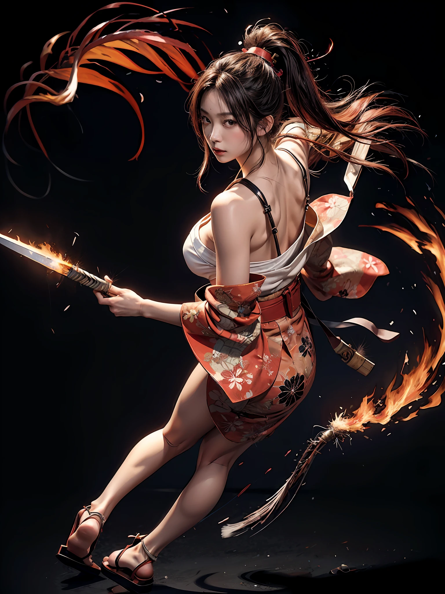(Japanese painting:1.1) art poster, acrylic paint \(medium\), blazing, text, simple background, bare shoulders, fiery hair, black hair, hair ornament, breasts, cleavage, japanese clothes, kimono, obi, sandals, sash, embers, flaming weapon, holding weapon, pyrokinesis, solo, sparks, tail-tip_fire, running, side view