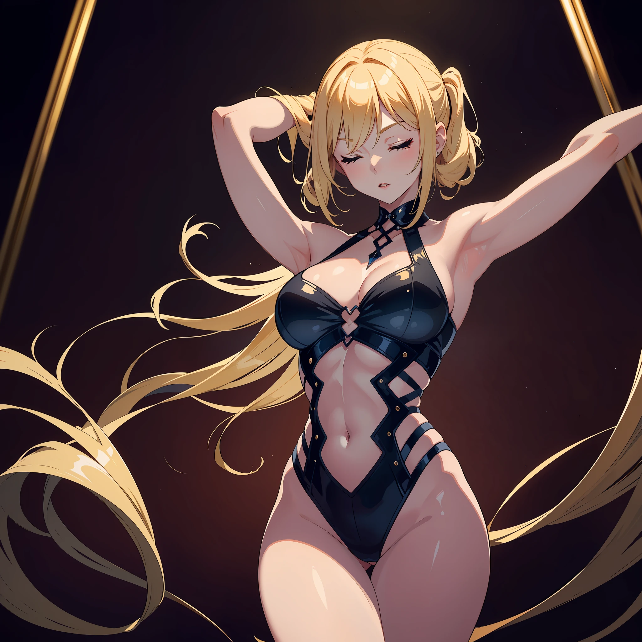 A girl(work of art:1.2), sexy with her ((arms up)) her ((medium)) breasts in a ballad or nightclub setting, in a ((dark gothic lighting)) her eyes closed, her body delicately designed((masterpiece:1.3)) her smooth and beautiful skin perfectly designed.
