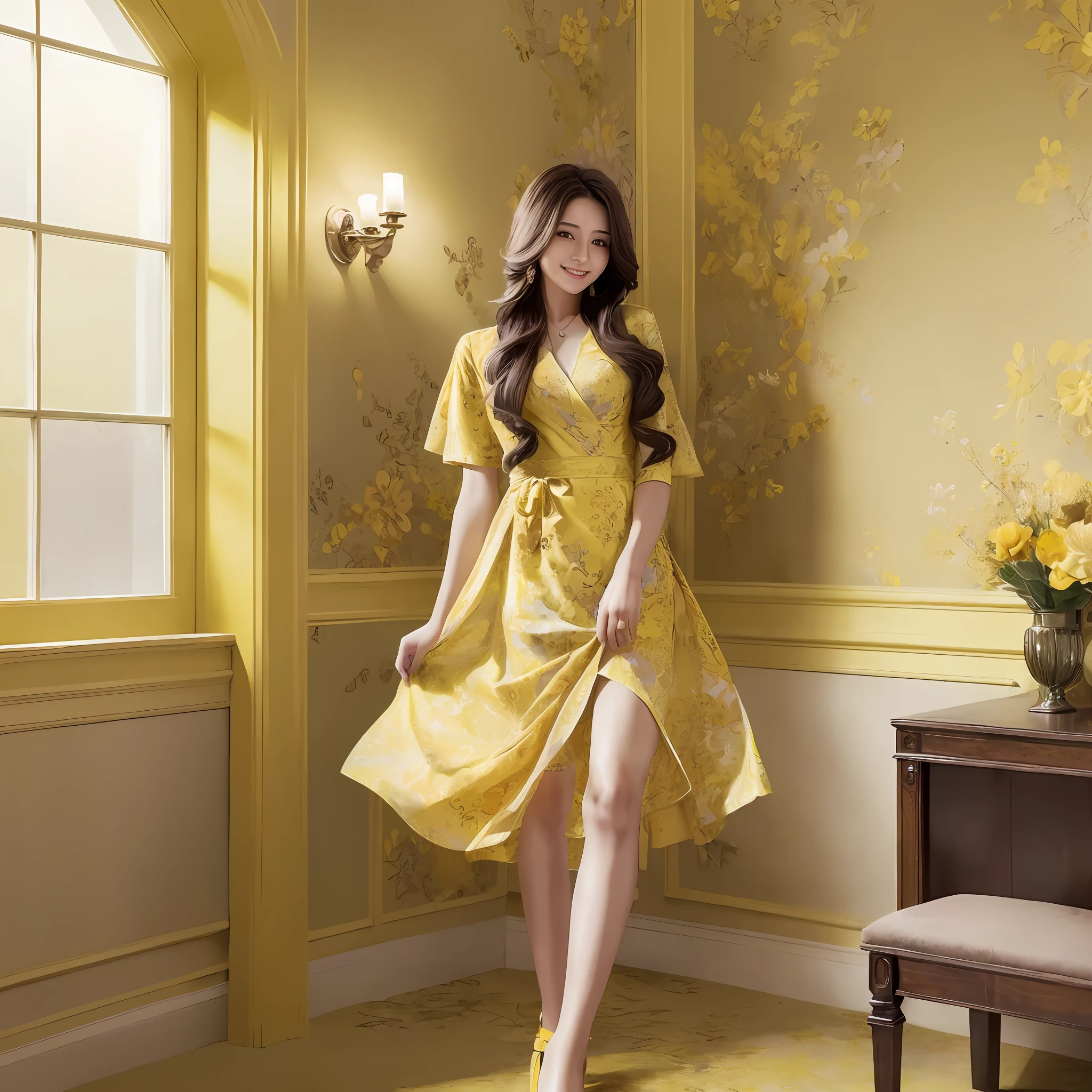 (Masterpiece, Top Quality, Best Quality, Official Art, Beauty and Aesthetics: 1.2), 1 Girl, Long Hair, Solo, Indoor, Smiling, Looking at the Audience, yellow_lure_dress, Standing