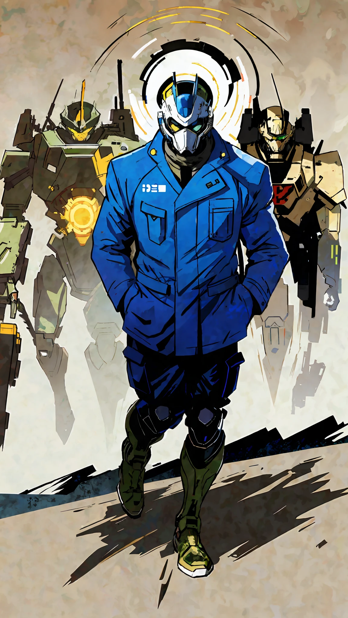 1 boy wearing mecha suit, camouflage, concept art running on the battlefield, ink art, flat color, high contrast, fashion, absurdity, best quality, negative space, extremely high quality