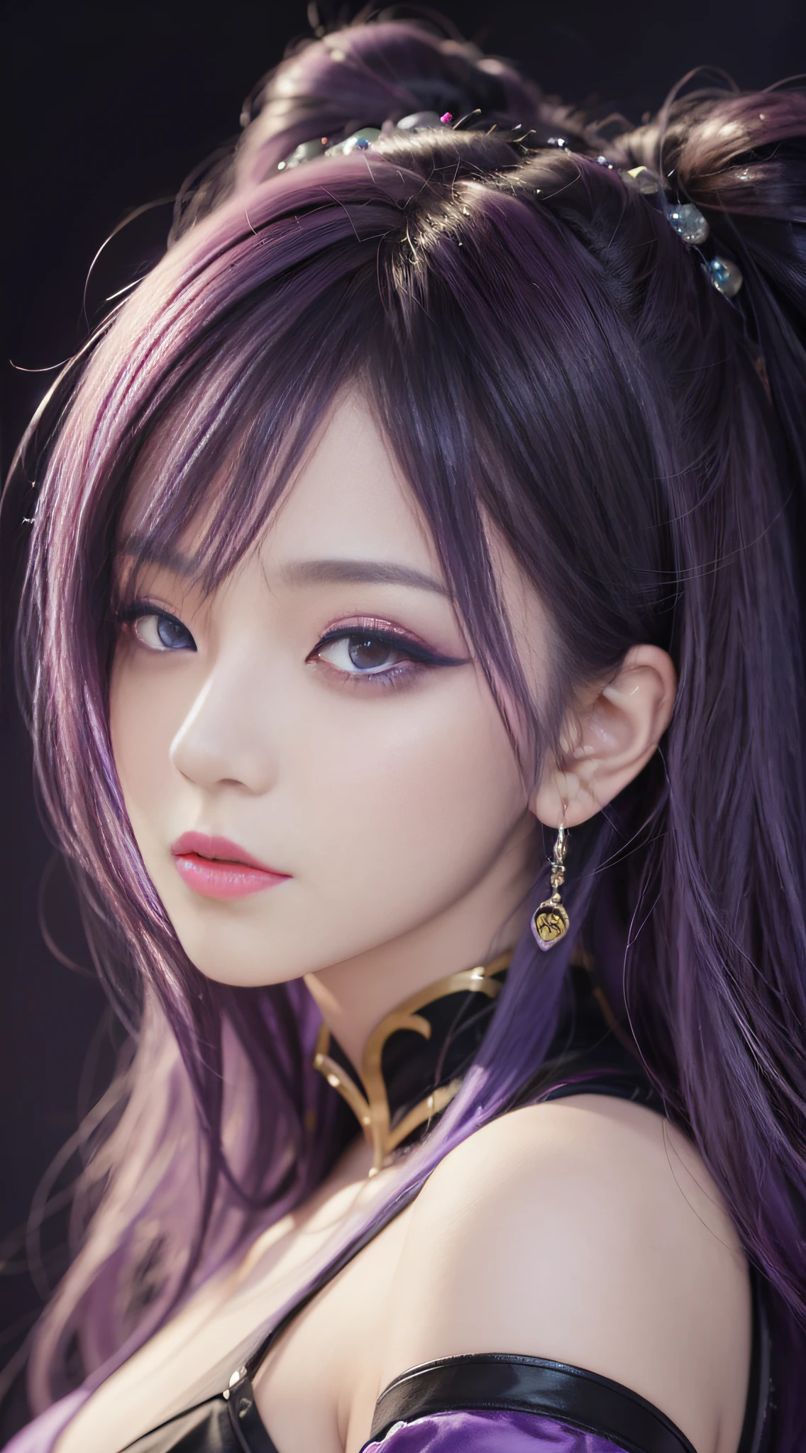 anime girl with purple hair and black eyes and purple makeup, a digital painting inspired by rossdraws, trending on Artstation, fantasy art, artgerm portrait, style artgerm, digital anime art, extremely detailed artgerm, portrait knights of zodiac girl, artgerm detailed, fantasy art style, artgerm style, artgerm. anime illustration