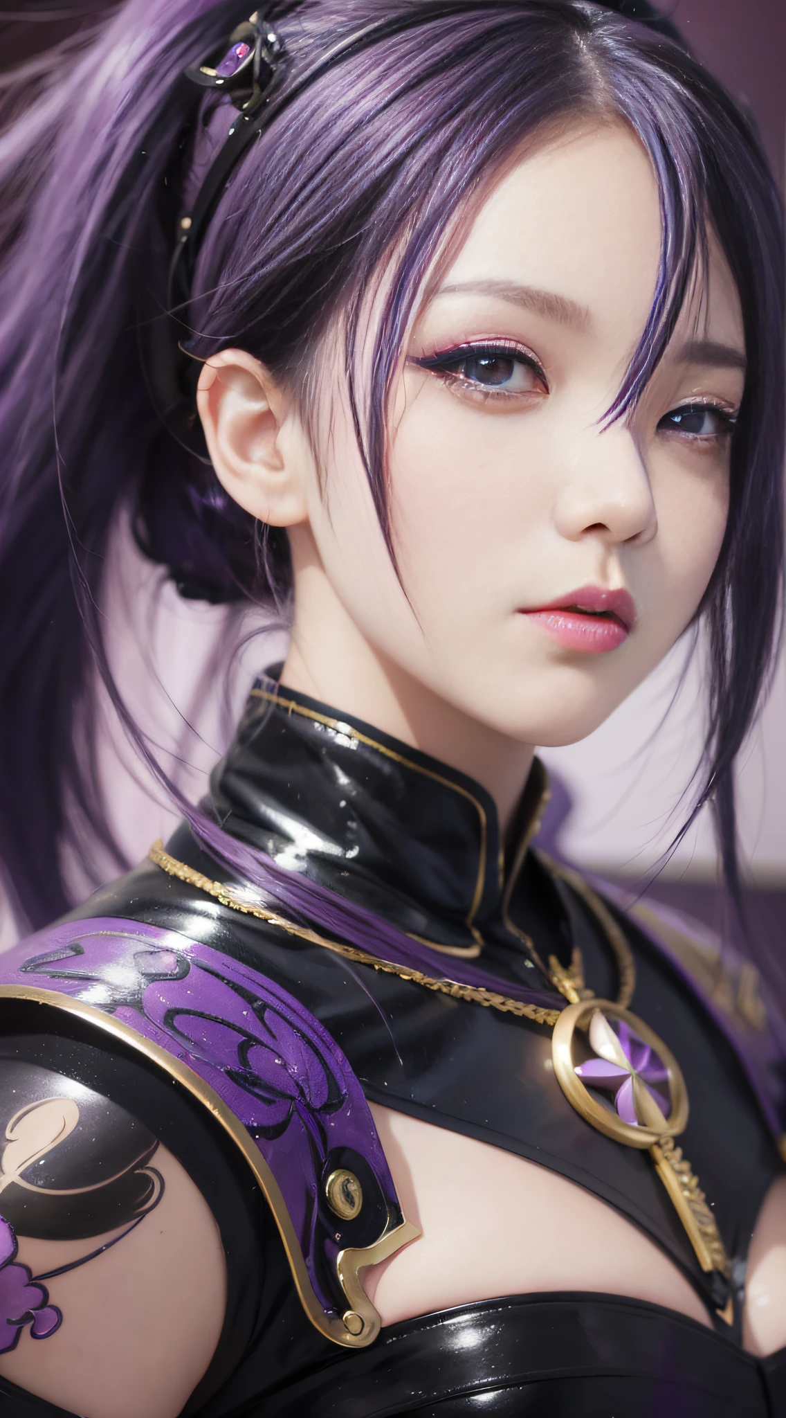 anime girl with purple hair and black eyes and purple makeup, a digital painting inspired by rossdraws, trending on Artstation, fantasy art, artgerm portrait, style artgerm, digital anime art, extremely detailed artgerm, portrait knights of zodiac girl, artgerm detailed, fantasy art style, artgerm style, artgerm. anime illustration