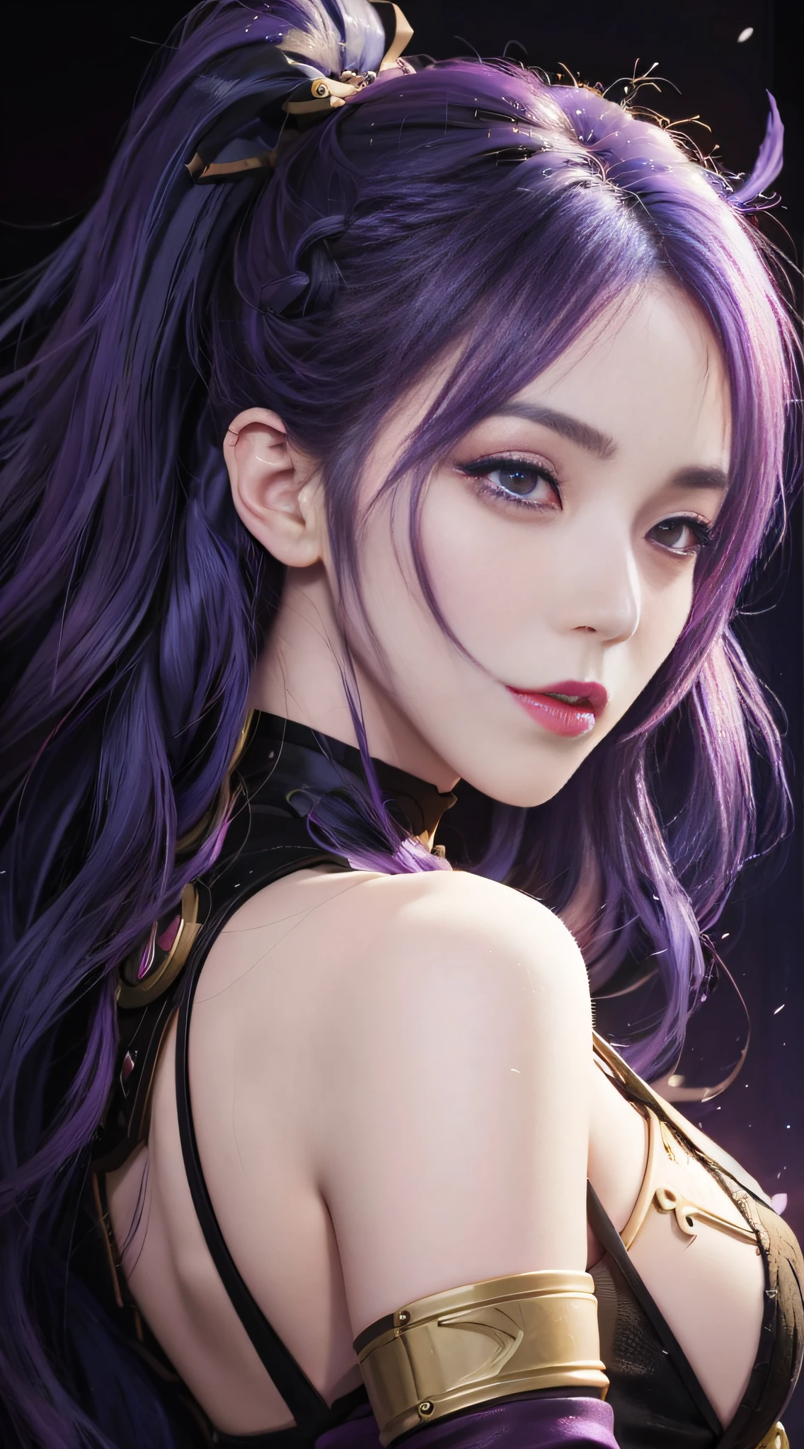 anime girl with purple hair and black eyes and purple makeup, a digital painting inspired by rossdraws, trending on Artstation, fantasy art, artgerm portrait, style artgerm, digital anime art, extremely detailed artgerm, portrait knights of zodiac girl, artgerm detailed, fantasy art style, artgerm style, artgerm. anime illustration