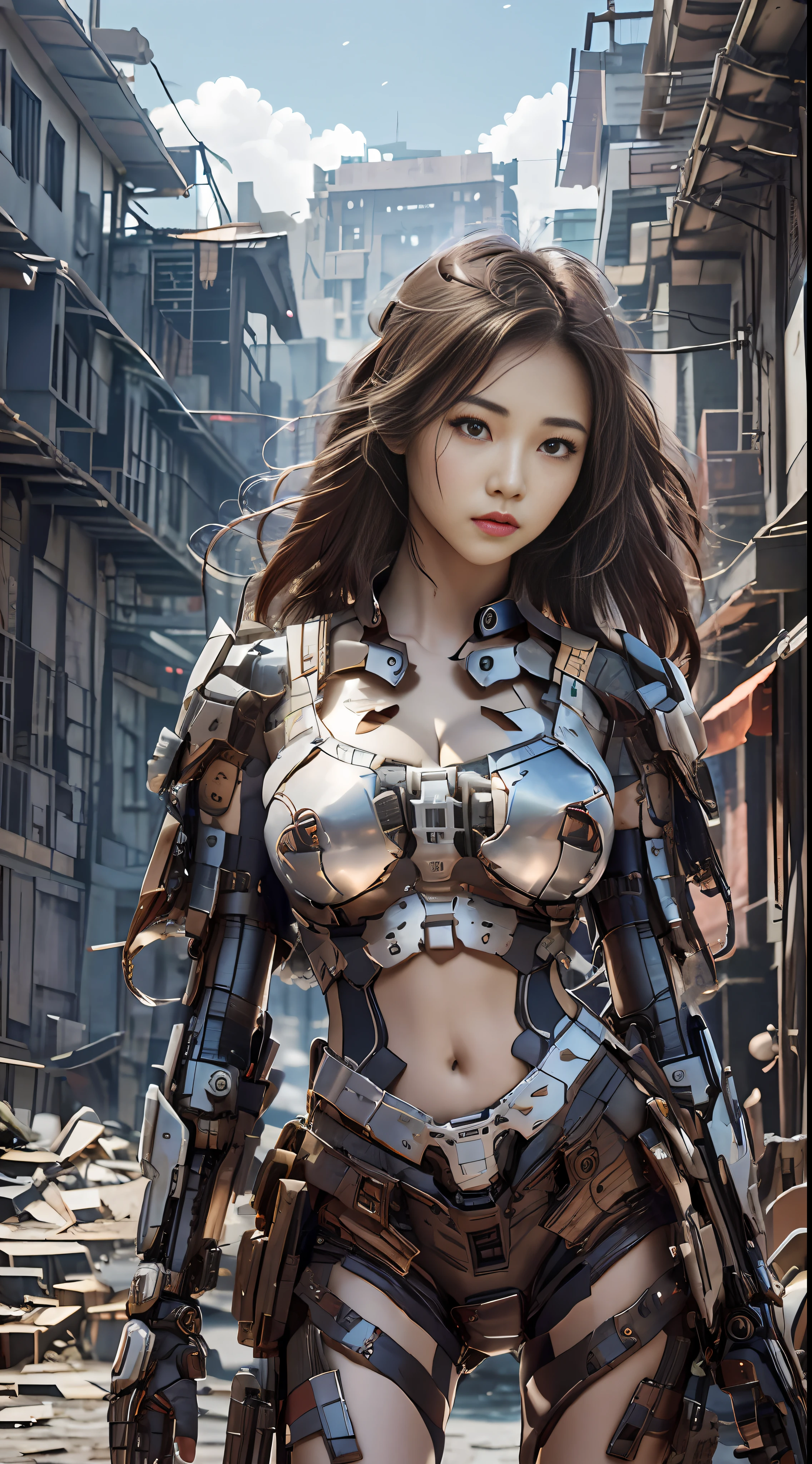 High quality, 8k resolution, real photos, a mecha girl with long hair, brown hair, (medium breasts: 1.1), chinese girl, skinny, navel, shitu-mecha behind the girl, magnificent, chinese house, war-damaged ruins, photo by brandon wolfelmist, surreal dreams, dynamic, lut, hdrm professional lighting, photon mapping, radiosity, physically based rendering, exquisite realism, aray dynamic and expressive animation, (Sunny days: 1.2), (afternoon on the street: 1.1).