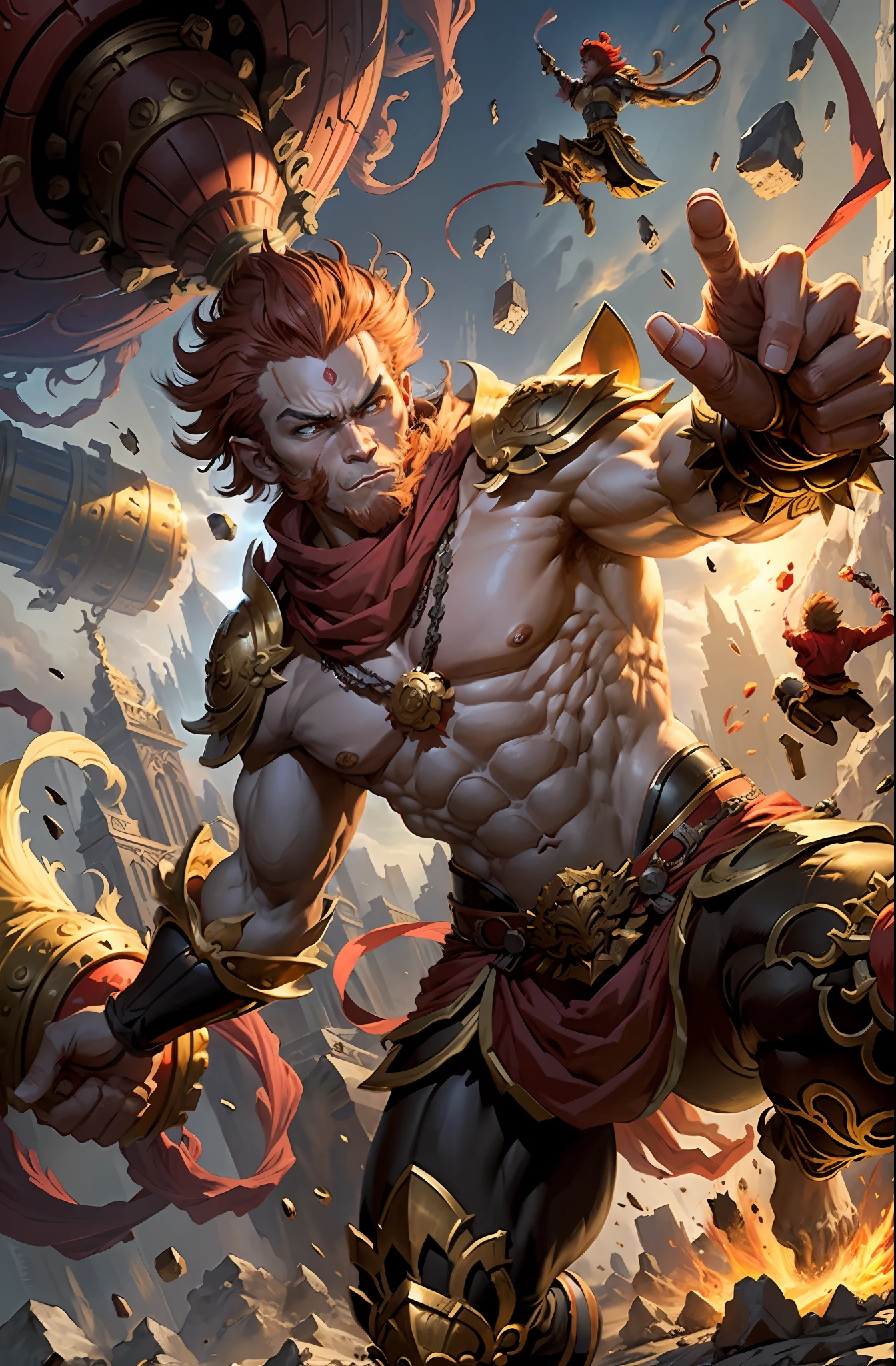 (Monkey King, ([Gold: Red]: 0.4) Mao, ([Heavy Armor: Red Cloak]: 0.4), (One-handed Golden Hoop Stick: 1.2), ([Monkey King | Monkey King]), very domineering, 3D rendering, movie lighting, movie special effects), background doomsday city ruins, clear HD, 8K resolution, very detailed, digital painting, concept art, Shinkai Makoto style, pop popularization trend, pop, pop trend.