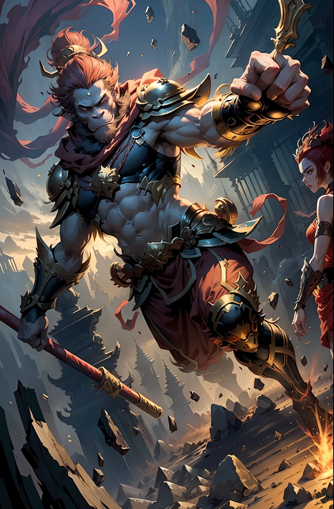 (Monkey King, ([Gold: Red]: 0.4) Mao, ([Heavy Armor: Red Cloak]: 0.4), (One-handed Golden Hoop Stick: 1.2), ([Monkey King | Monkey King]), very domineering, 3D rendering, movie lighting, movie special effects), background doomsday city ruins, clear HD, 8K resolution, very detailed, digital painting, concept art, Shinkai Makoto style, pop popularization trend, pop, pop trend.