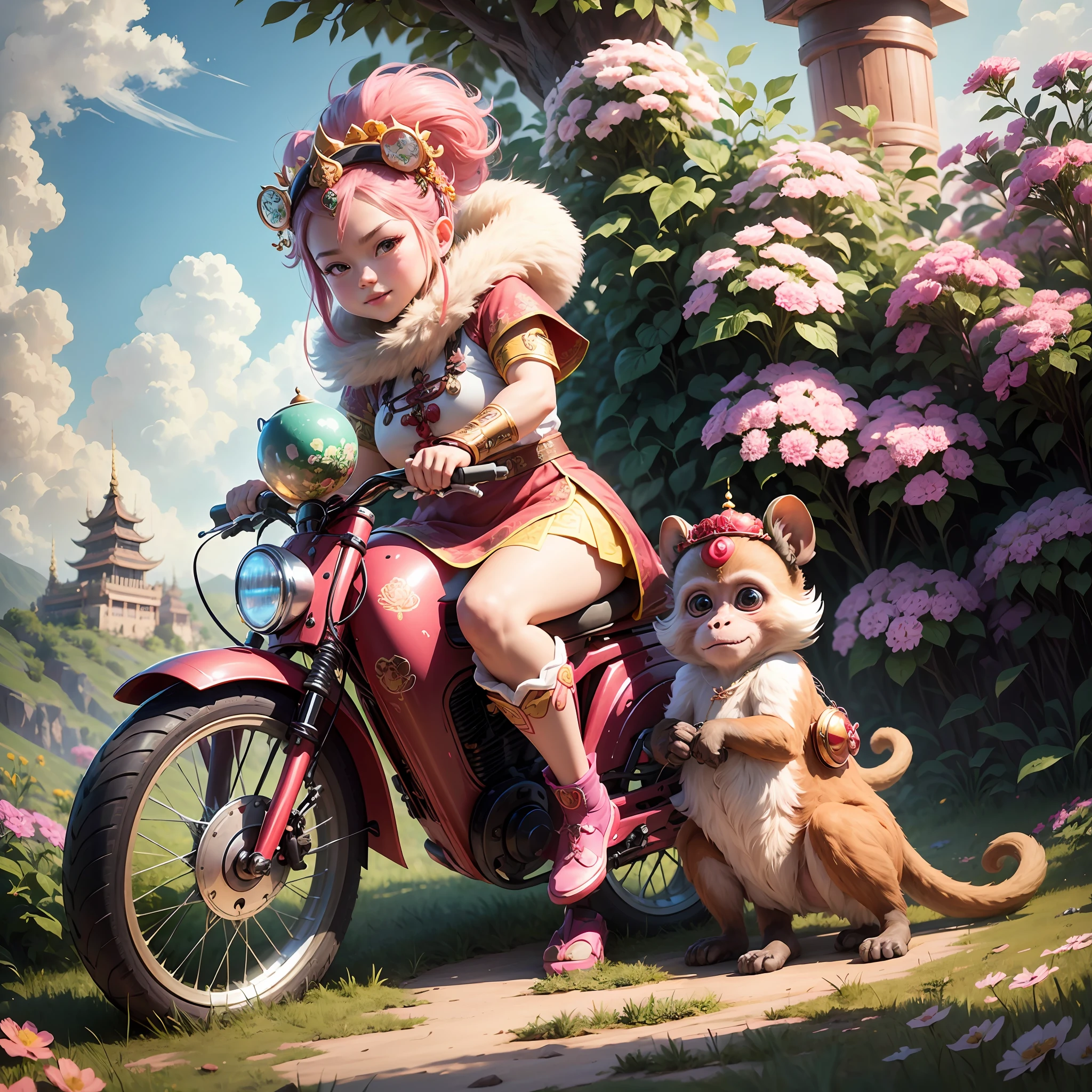 8K, realistic, very cute, full of details, a Monkey King in traditional Chinese culture wearing a pink cumbersome and complicated cute ta dress, it shows cheerfulness and confidence, cute and gentle like Barbie. In front of a medieval castle, a lovely Monkey King in traditional Chinese culture, in the blue sky, white clouds, flowers and green leafy grass, looking at the front comfortably. There are many snacks floating around, including fish balls, lychee meat, milk tea, strawberry rock sugar gourd, chocolate, milk, flat meat, eight mother-in-law roasted fairy grass, chocolate, strawberries, lychees. It rides on a spy-themed pink electric car and looks happily into the distance. This high-definition, high-quality image will give you a stunning visual enjoyment, combining cute, futuristic and sci-fi elements. OC rendering, dramatic lighting, award-winning quality. --auto --s2