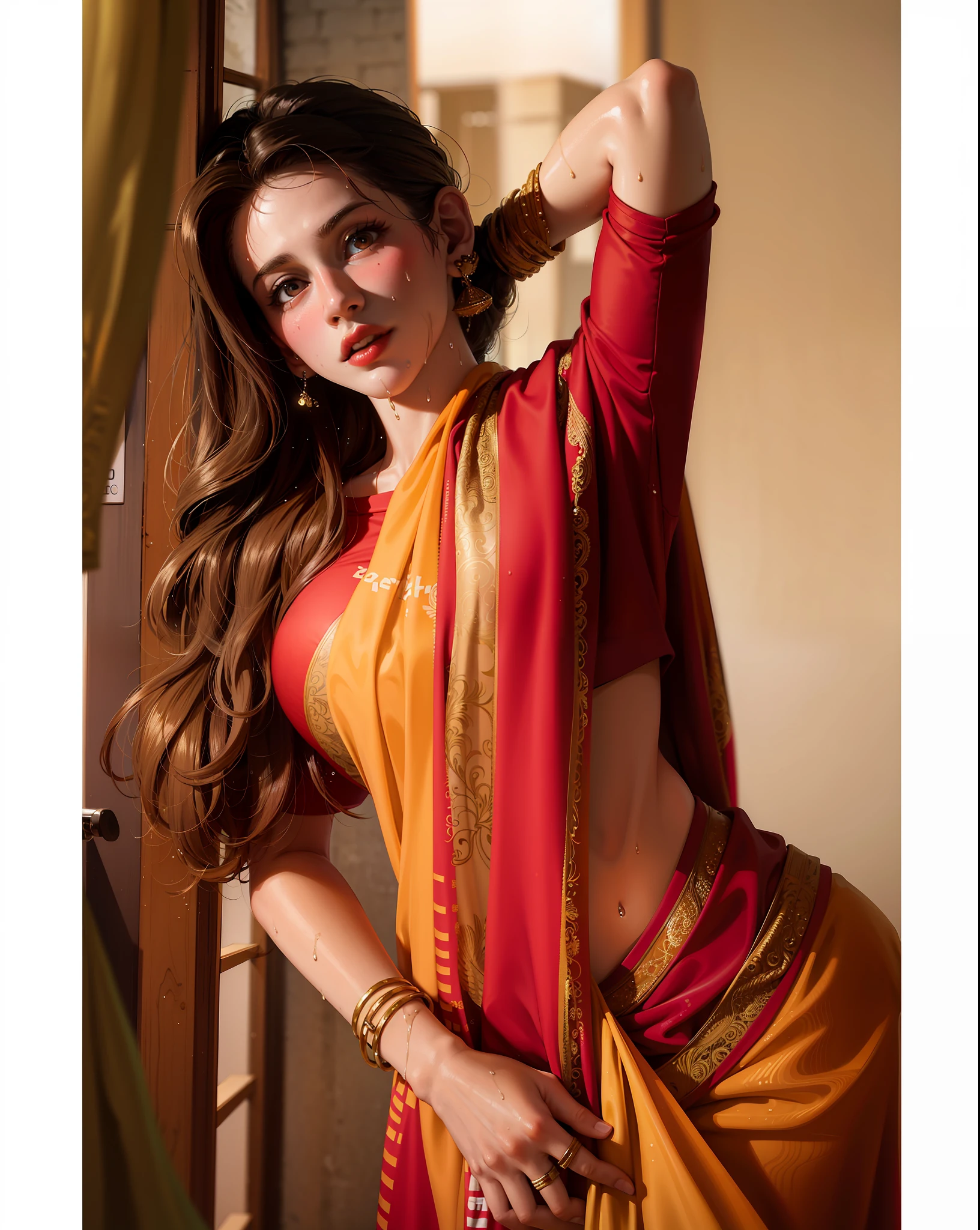masterpiece:1.2, best quality), realistic, (real picture, intricate details, depth of field), (1girl, solo), make up, parted lips, highly-detailed, perfect face, (huge breasts:1.4), (skindentation), thick thighs, wide hips, small waist, tall, glossy coral lips, red hairs, red eyes, ponytail, (A girl playing volleyball, white volleyball uniform), (sweating:1.2), (wet), sexy, blushing,