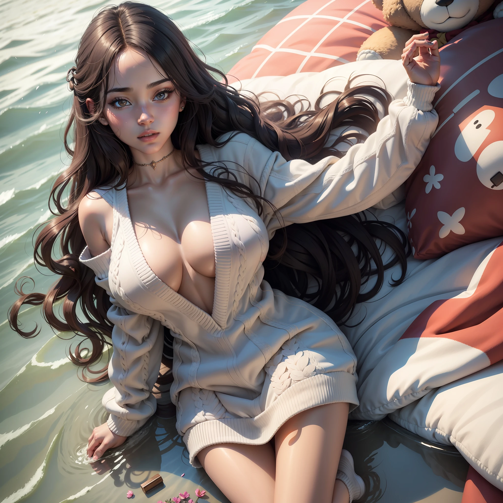 1girl walking on the river, mix4, sweater, pillow, lips, open_mouth, realistic, photo_\(medium\), solo, stuffed_animal, stuffed_toy, teddy_bear,(masterpiece),(photorealistic:1.3), ultra-detailed, (high detailed skin:1.2),(best quality:1.0), (ultra highres:1.0), (ulzzang-6500:0.3), wavy detailed hair, long hair, sunshine, (beautiful detailed makeup), (sexually aroused blushing heavy breathing:1.0), floral theme flower petals scattered, (soft glow bloom:0.5)