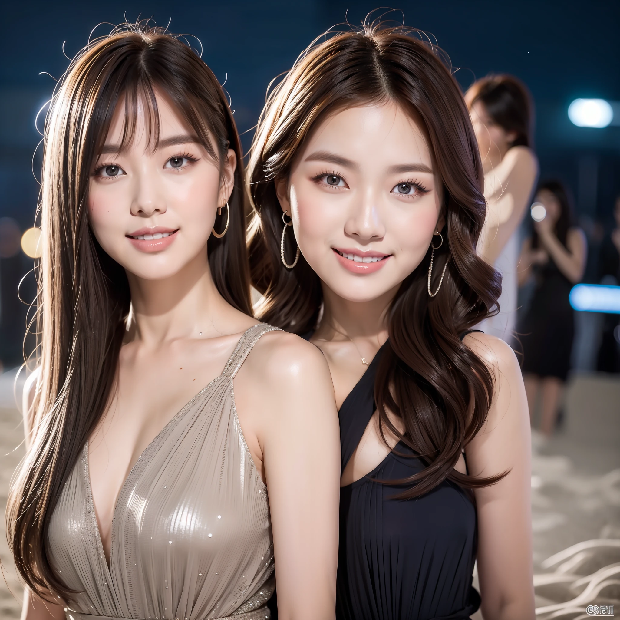 RAW photo, professional lighting, Solo, korean beautiful women, 21 years old, runing, beach, detail girl, big eyes, look at me, smiling, dress and begini, high-resolution 8k, realistic photo, skin white, grey wavy hair, (night, beach, starry sky: 1.4), (fashionable clothes: 1.3 ), (fashionable hairstyles: 1.3) dynamic poses, looking at viewer, detailed face and chest, (pureerosface_v1:0.33), (ulzzang-6500:0.33)