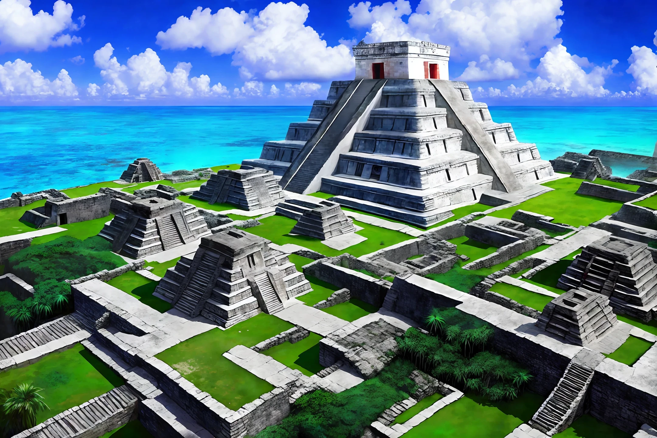 Mayan city, surrounded by oceans, Mayan pyramids, huge island, stone houses with red and black fabrics, epic composition, realistic, blue sky, clouds, beautiful
