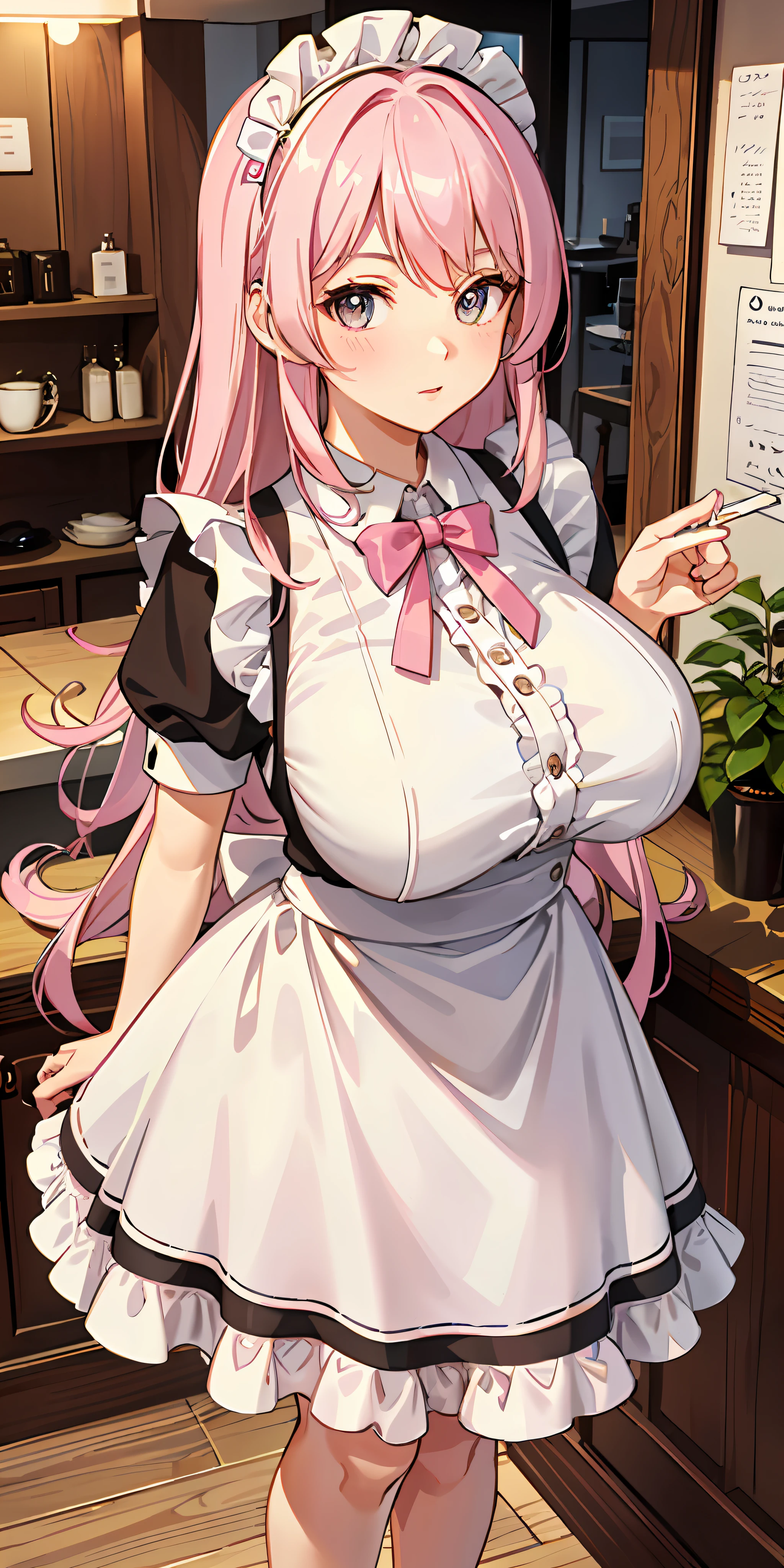 Delicate writing, High quality, 4K, Working in a coffee shop, Has peaches, 1 girl, Age: 22, Hairstyle: Wavy medium hair, Hair color: pink, Eye color: Peach, Face: Soft roundness, Big eyes, Maternal expression, Height: 160cm, (Body type: Fluffy figure), Breast size: Large, ((Clothing: neat maid clothes with plenty of pink and white frills)),
