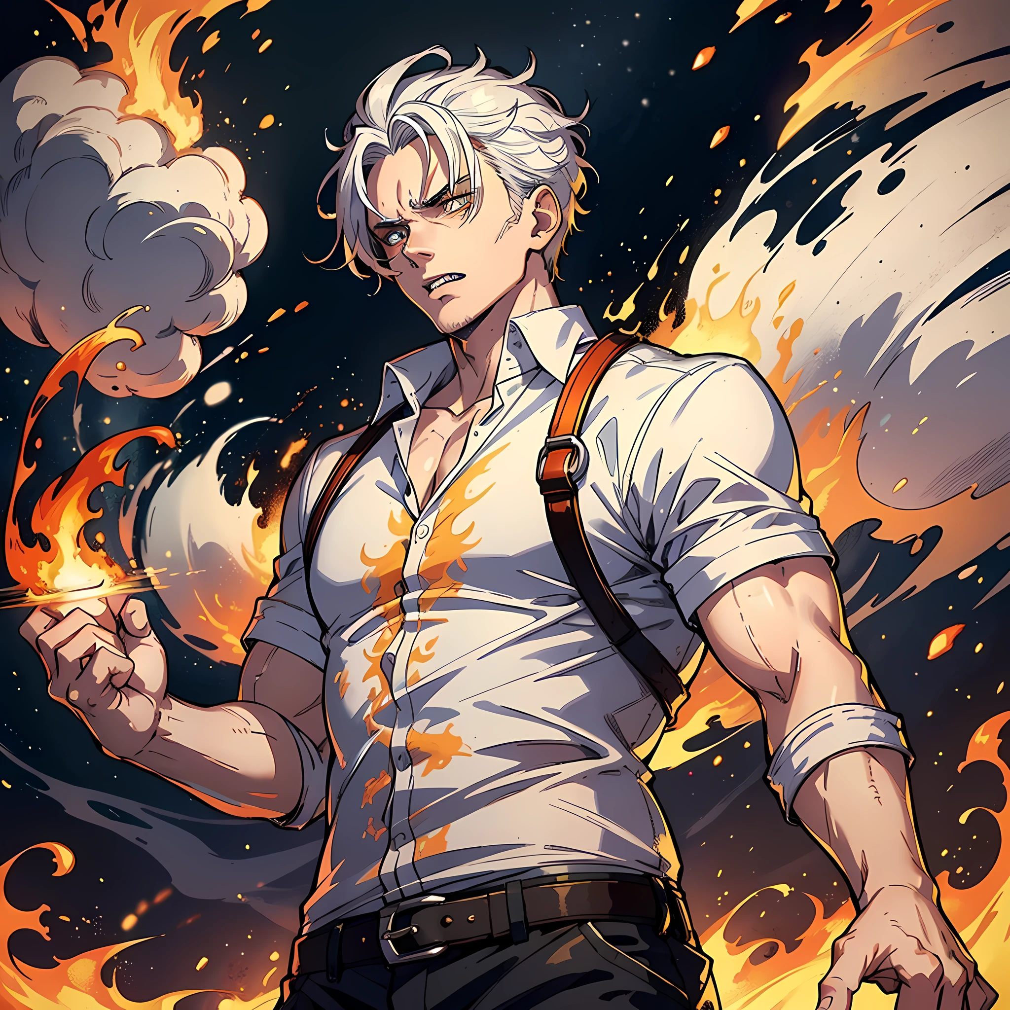 1 Man, handsome, white shirt, white hair, golden pupils, standing up, hands open, teeth, fists, whole body: 1.2, anger: 1.2, surrounded by flames, heat waves, twisted space, smoke, surrealism