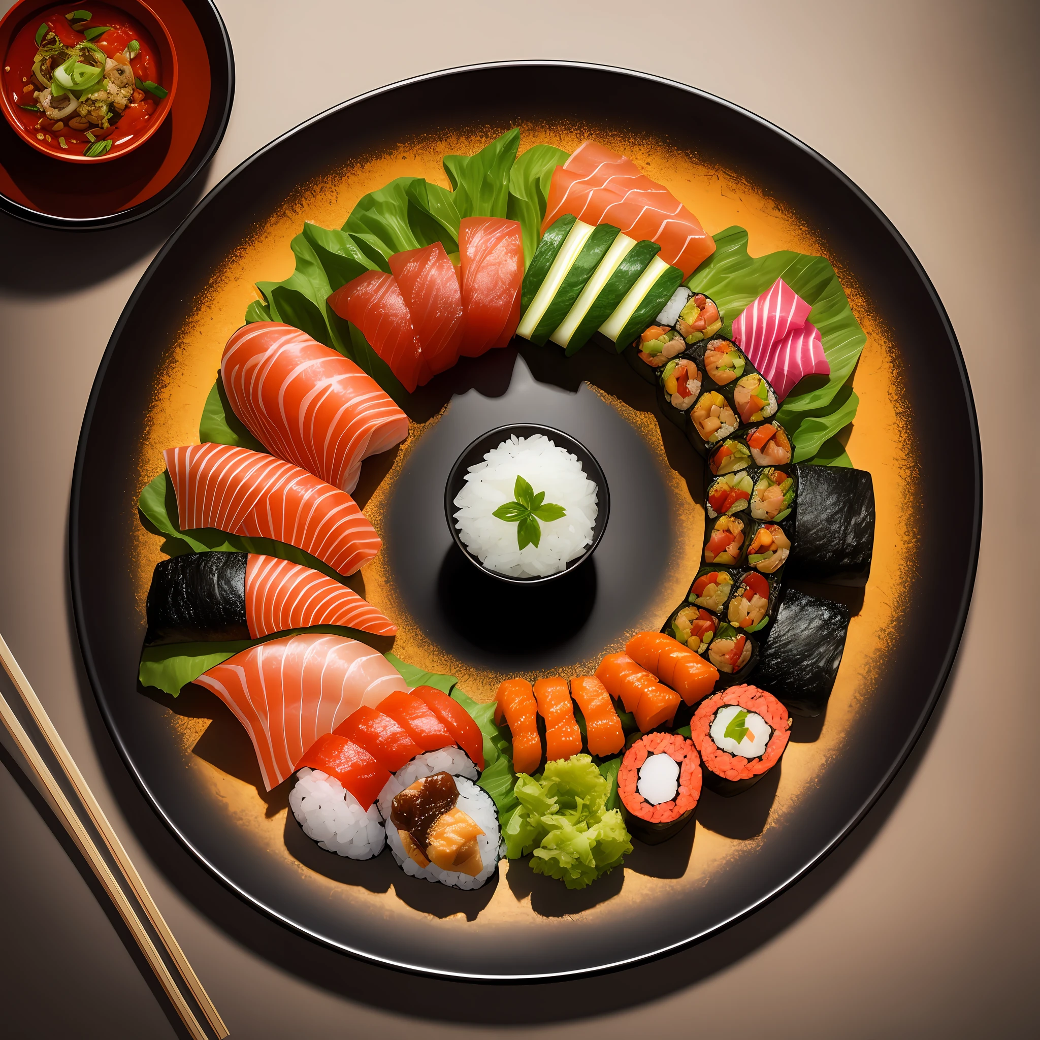 Mesmerizing Surreal Food Photography, Asian - inspired motifs, on a board, Studio Lighting, Sushi --ar 1:2 --style raw --auto --s2