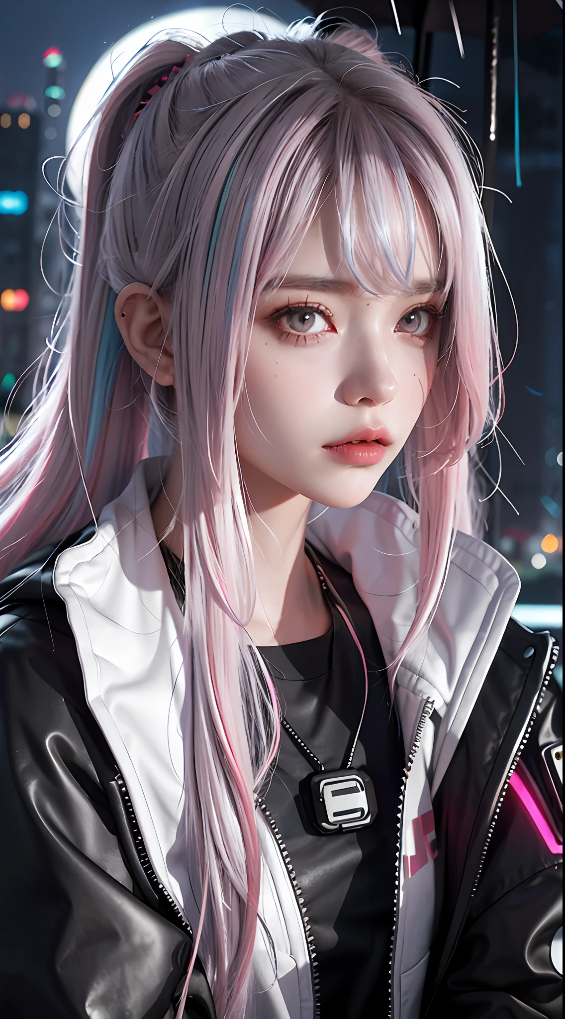 lucy \(cyberpunk\), 1girl, hair scrunchie, hime cut, silver hair, colored tips, full moon, grey eyes, jacket, long sleeves, looking at viewer, medium hair, multicolored hair, parted bangs, parted lips, pink hair, portrait, red eyeliner, red lips, solo, white jacket, cyberpunk \(series\), rainy night in a cyberpunk city with glowing neon lights