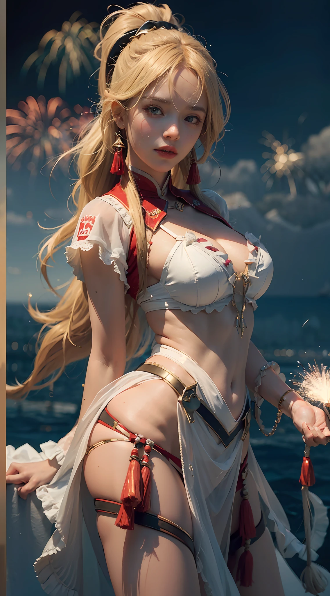 ((Best Quality)), ((Masterpiece)), (Details: 1.4), 3D, A Beautiful Western Dancer, (Long Blonde Hair, Ponytail: 1.6), (Red Tassel Skirt: 1.2) (Tassel Decoration: 1.1) Exotic, (Fireworks Background: 1.2), Fireworks, HDR (High Dynamic Range), Ray Tracing, NVIDIA RTX, Super-Resolution, Unreal 5, Subsurface Scattering, PBR Textures, Post-processing, anisotropic filtering, depth of field, maximum sharpness and sharpness, multi-layer textures, albedo and highlight mapping, surface shading, accurate simulation of light-material interactions, perfect proportions, Octane Render, two-color light, large aperture, low ISO, white balance, rule of thirds, 8K RAW,