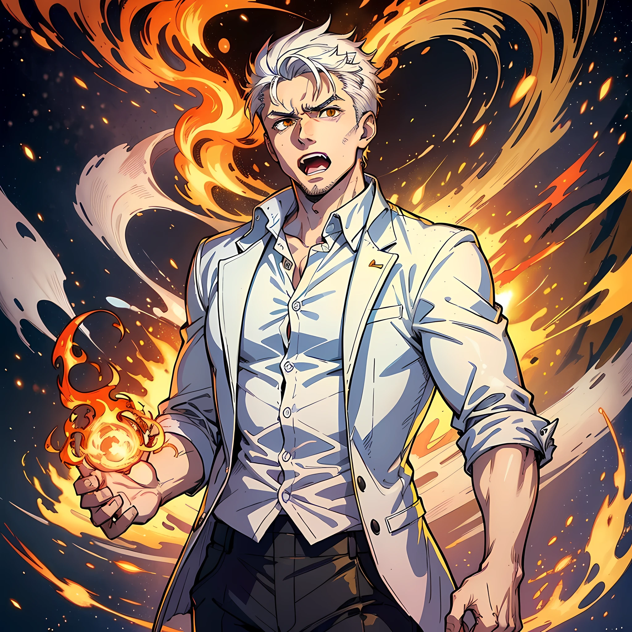 1 Man, handsome, white shirt, white hair, golden pupils, standing up, hands open, teeth, fists, whole body: 1.2, anger: 1.2, surrounded by flames, heat waves, twisted space, smoke, surrealism