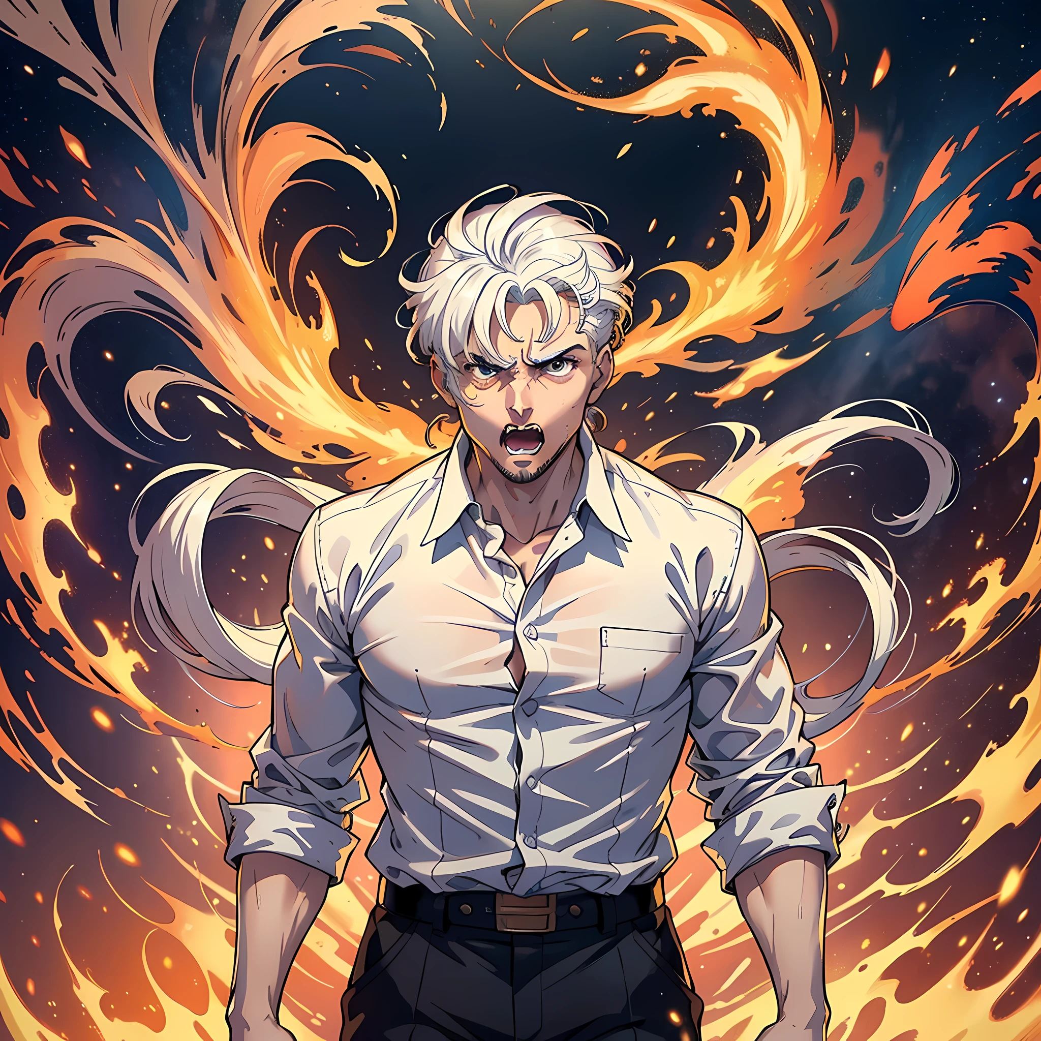1 Man, handsome, white shirt, white hair, golden pupils, standing up, hands open, teeth, fists, whole body: 1.2, anger: 1.2, surrounded by flames, heat waves, twisted space, smoke, surrealism