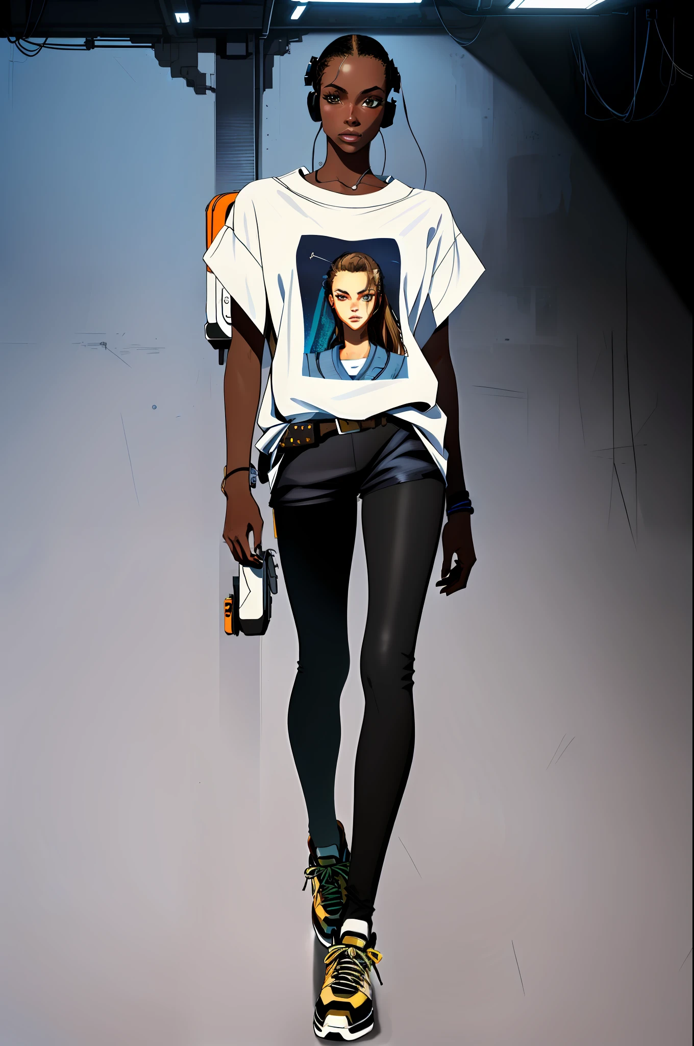 girl, vertical painting, natural light, global light, front view, fashion, pattern, clothing, headset, zipper, buttons, pattern, logo, pleats, belt, sophisticated, generate more details, tan hair, tank top, t-shirt, black shorts, sneakers, black backpack, modern, anime style, anime, modern, futuristic, first-person perspective, panorama, concept art, uhd, masterpiece, ccurate, textured skin, super detail, high detail, high quality, best quality, high resolution, No background, white background