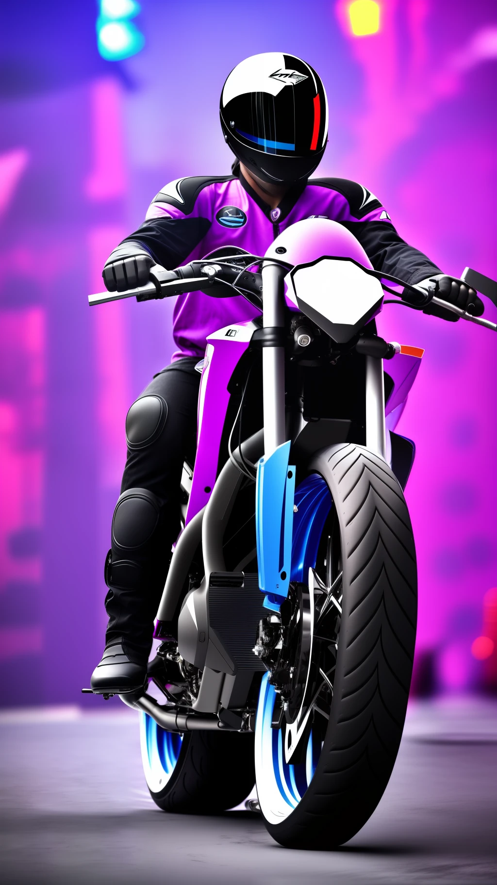 Future design super Moto bike, inspired from Yamaha wr 250, background is cyber neon city, cinematic, dark mode, 4k quality, portrait --auto --s2
