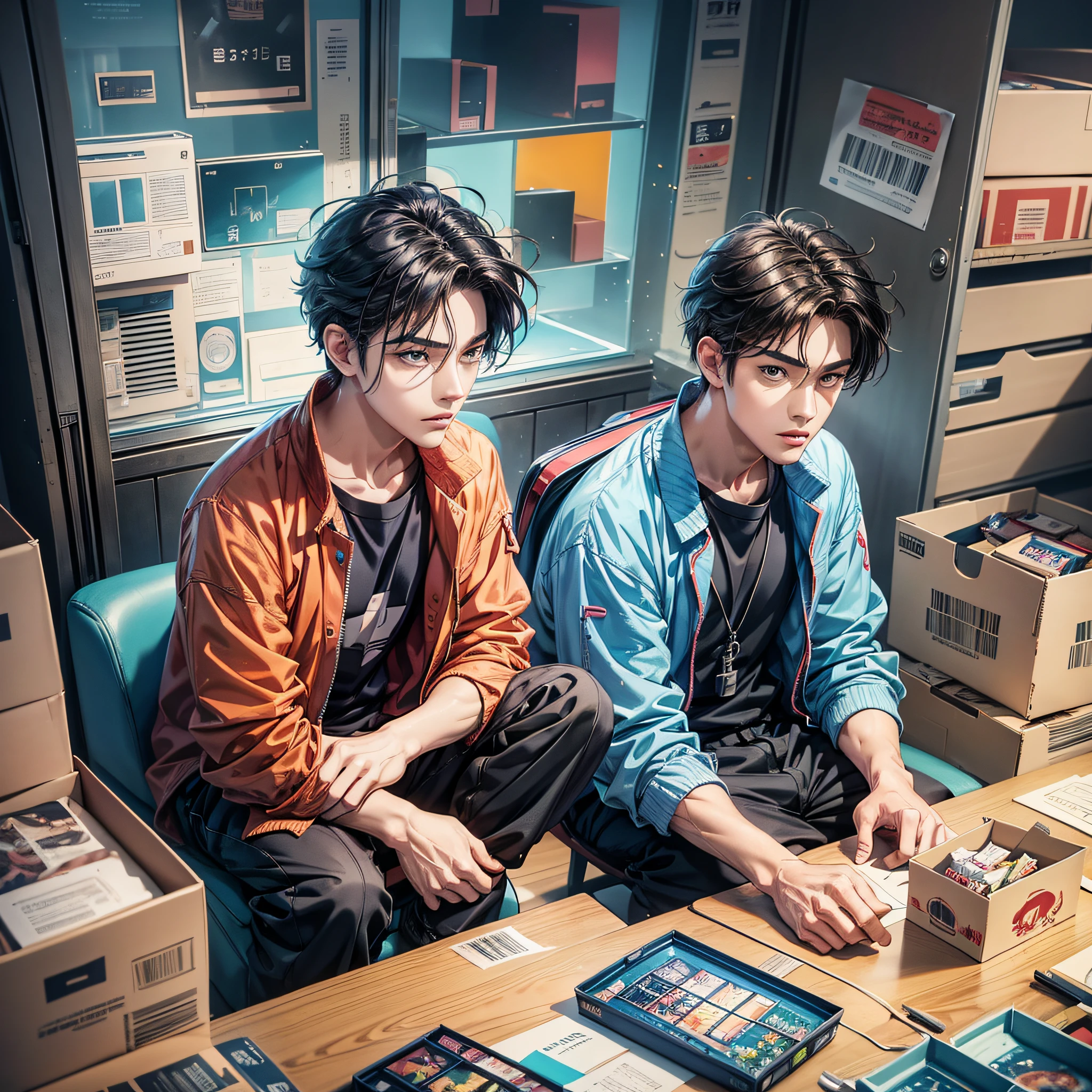 Two anime men sitting in boxes in a room with boxes and boxes, 2D anime style, 4K anime style, 2D anime, 2D illustration, 2d illustration, 2d art, 2d art, Lofi man, anime scene, painted in anime painter studio, in the art style of 8 0 s anime