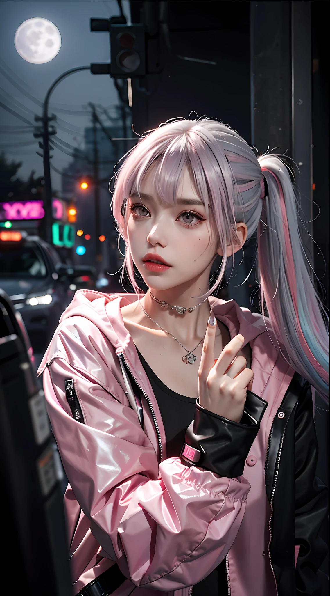 lucy \(cyberpunk\), 1girl, hair scrunchie, hime cut, silver hair, colored tips, full moon, grey eyes, jacket, long sleeves, looking at viewer, medium hair, multicolored hair, parted bangs, parted lips, pink hair, portrait, red eyeliner, red lips, solo, white jacket, cyberpunk \(series\), rainy night in a cyberpunk city with glowing neon lights