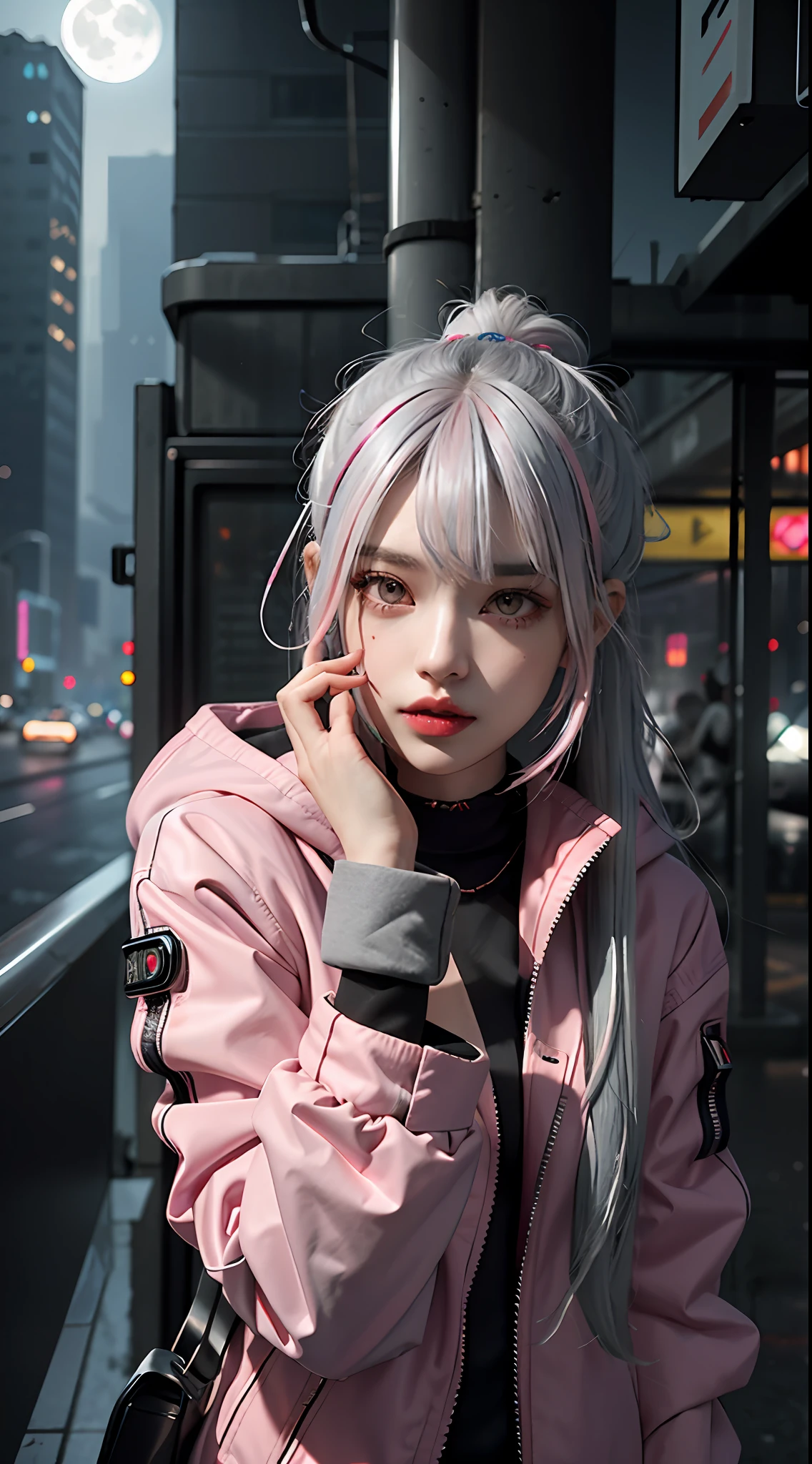 lucy \(cyberpunk\), 1girl,  hair scrunchie, hime cut, silver hair, colored tips, full moon, grey eyes, jacket, long sleeves, looking at viewer, medium hair, multicolored hair, parted bangs, parted lips, pink hair, portrait, red eyeliner, red lips, solo, white jacket, cyberpunk \(series\), rainy night in a cyberpunk city with glowing neon lights