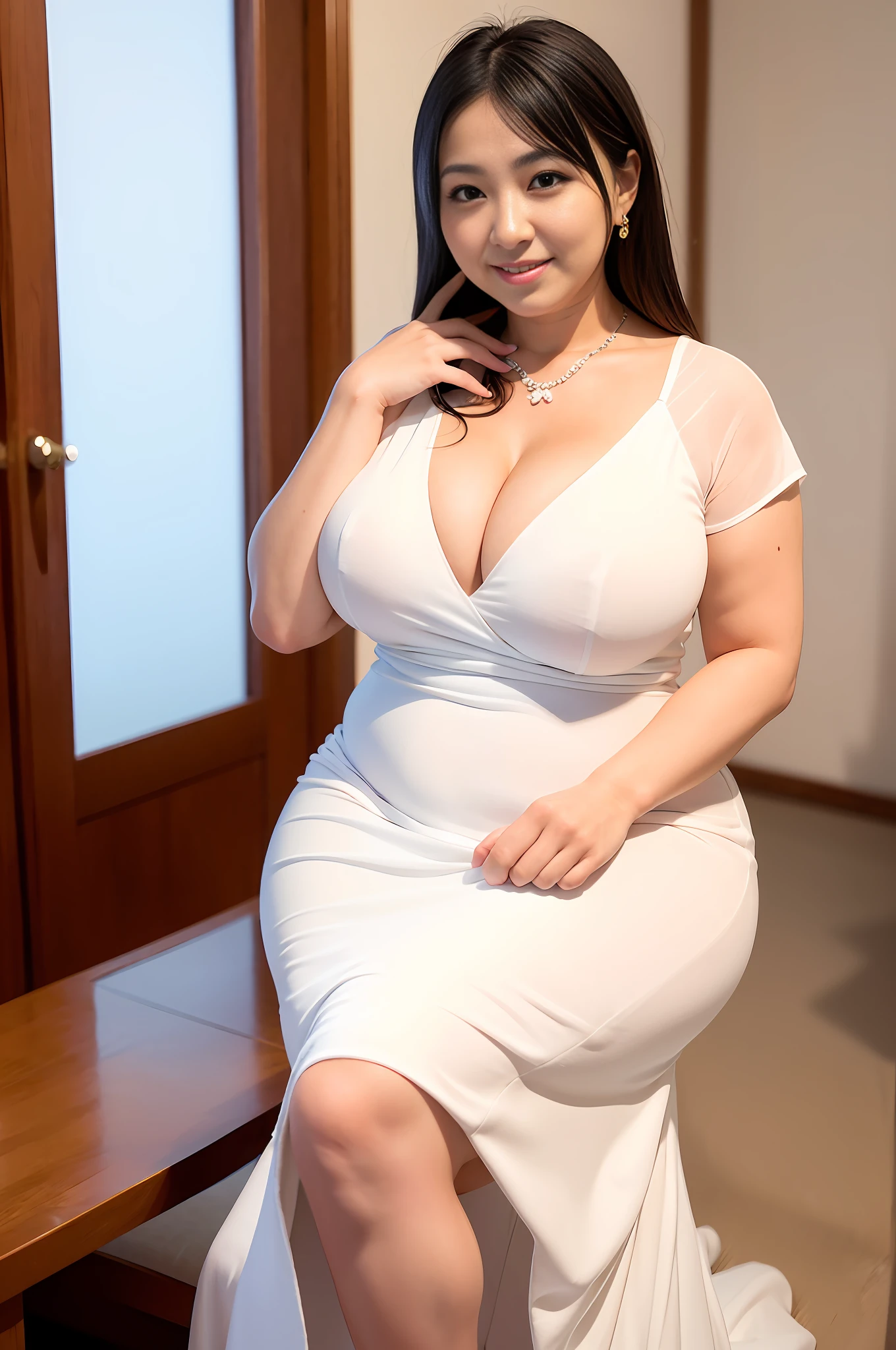 ((Alafor: 45 years old)), ((Big: 1.5)), Araffe woman in white dress sitting on chair, dressed in beautiful white clothes, Japan goddess, graceful pose, cleavage, seductively looking forward, elegant Japan woman dressed in white, with seductive smile, sitting in bedroom, full body view, sexy dress, plump breasts, elegant seduction pose, asian