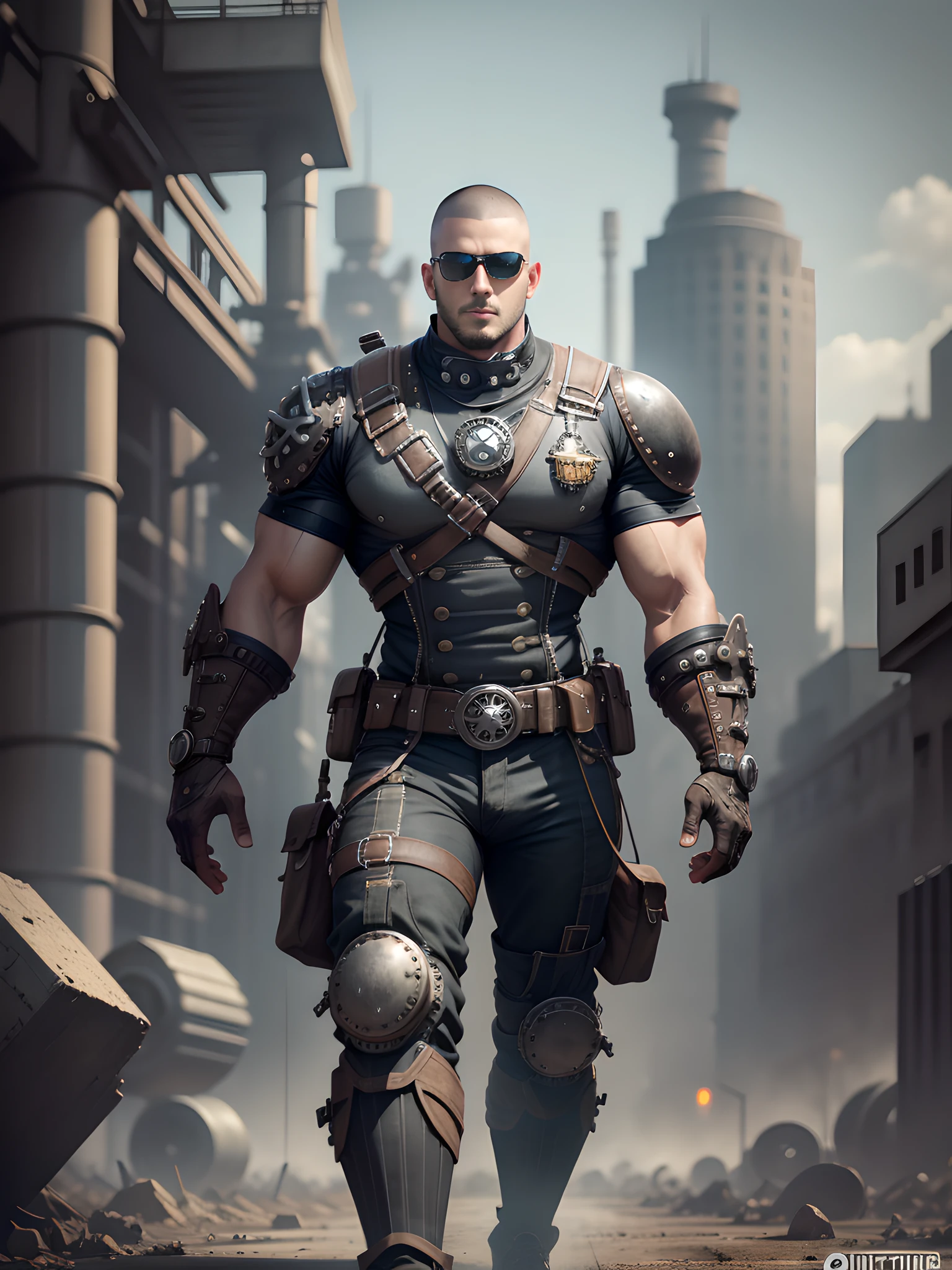 Male in the Heath, tall burly, dark black tights, big muscles, big bumps, Buzz cut, black sunglasses, black military boots, buzz cut, steampunk style, steampunk art, complex mechanical devices such as gears, pipes, valves, (huge industrial building: 1.4), gray theme, retro futurism, crazy details, (Fujiflim XT3), 20 megapixels, detailed, cinematic particles,