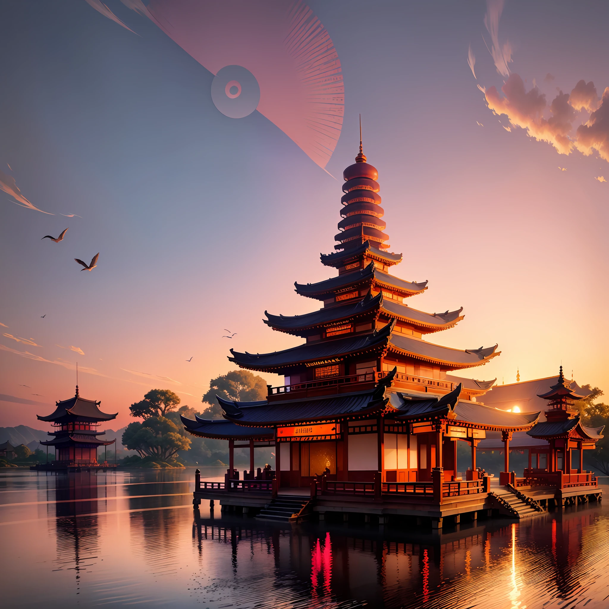 Temple of dawn at at the sunset behind pagoda, front view river , birds in the sky , red blue and magenta scene , glitterring pagoda --auto --s2