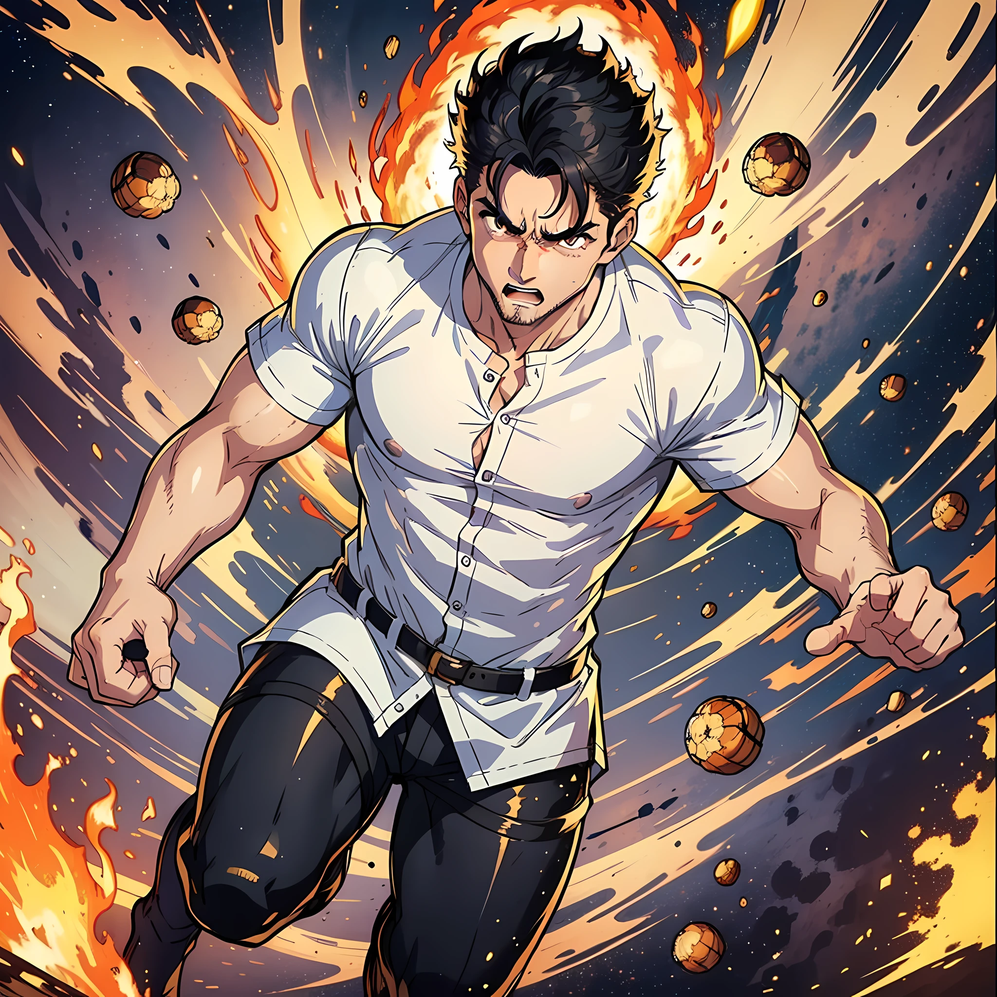 1 Man, Handsome, White Shirt, Black Hair, Golden Pupils, Running, Gritting Teeth, Fists, Full Body: 1.2, Anger: 1.2, Surrounded by Fire, Heat Wave, Distorted Space, Surrealism