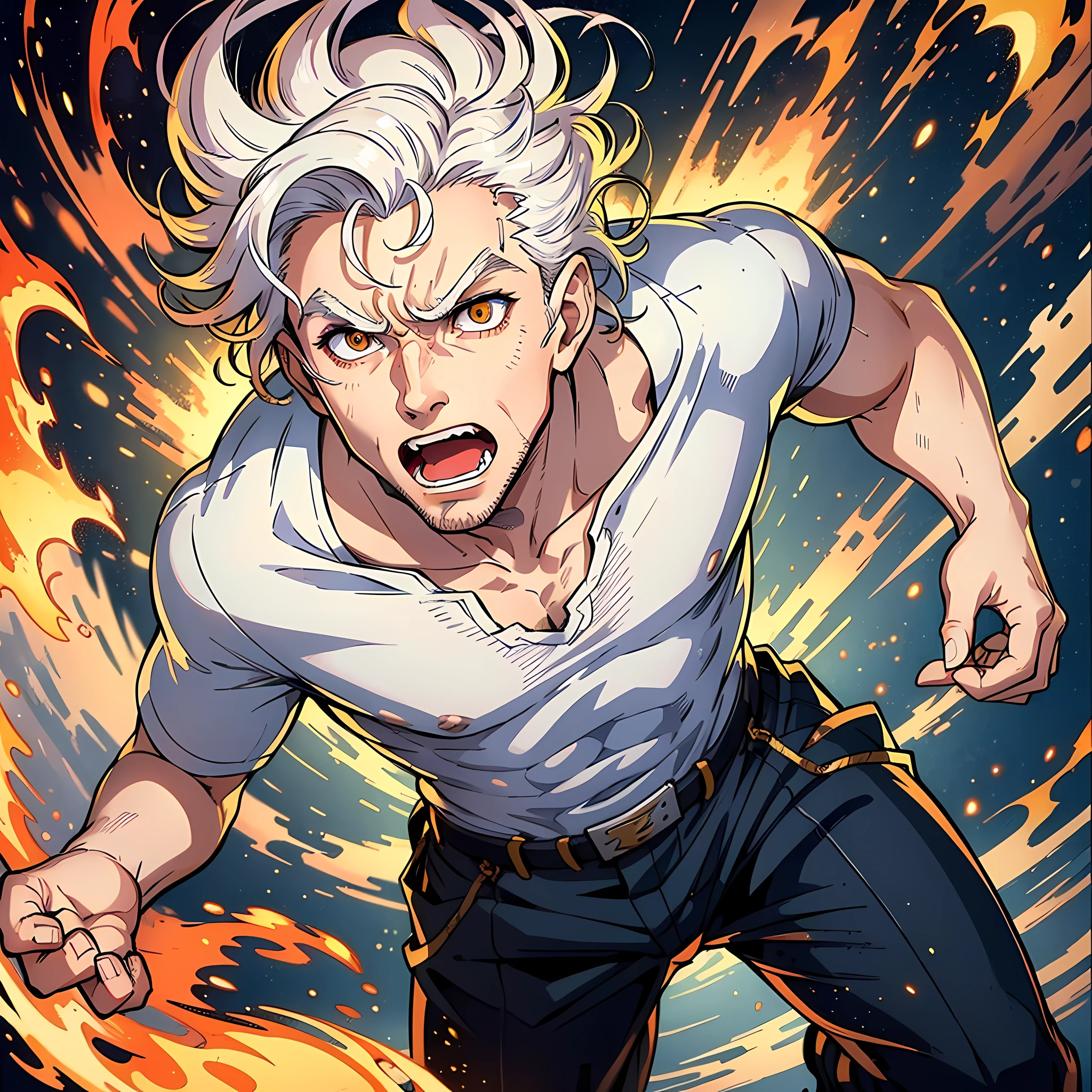 1 Man, handsome, white shirt, white hair, golden pupils, running, hands open, teeth, fists, whole body: 1.2, anger: 1.2, surrounded by flames, heat waves, twisted space, smoke, surrealism