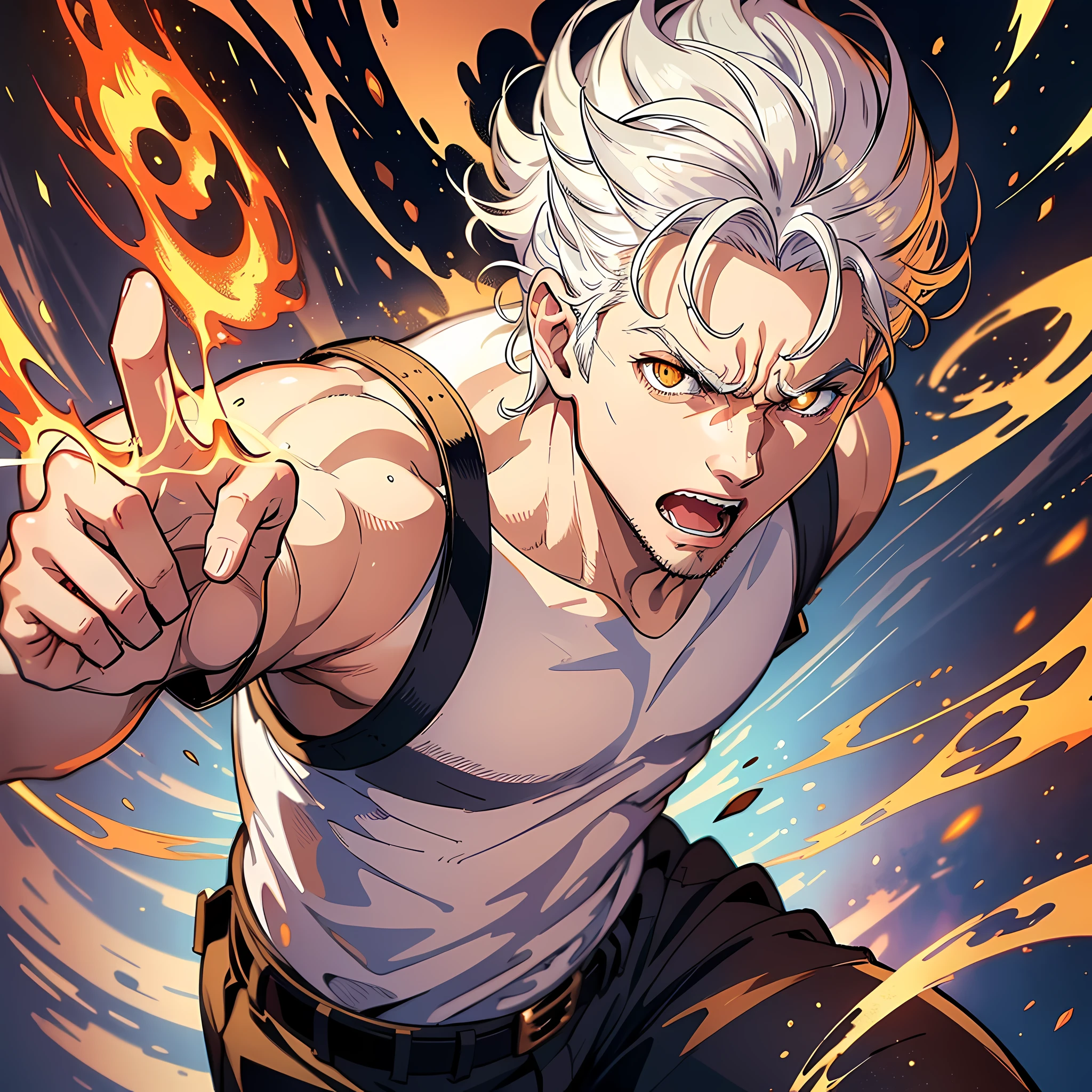 1 Man, handsome, white shirt, white hair, golden pupils, running, hands open, teeth, fists, whole body: 1.2, anger: 1.2, surrounded by flames, heat waves, twisted space, smoke, surrealism