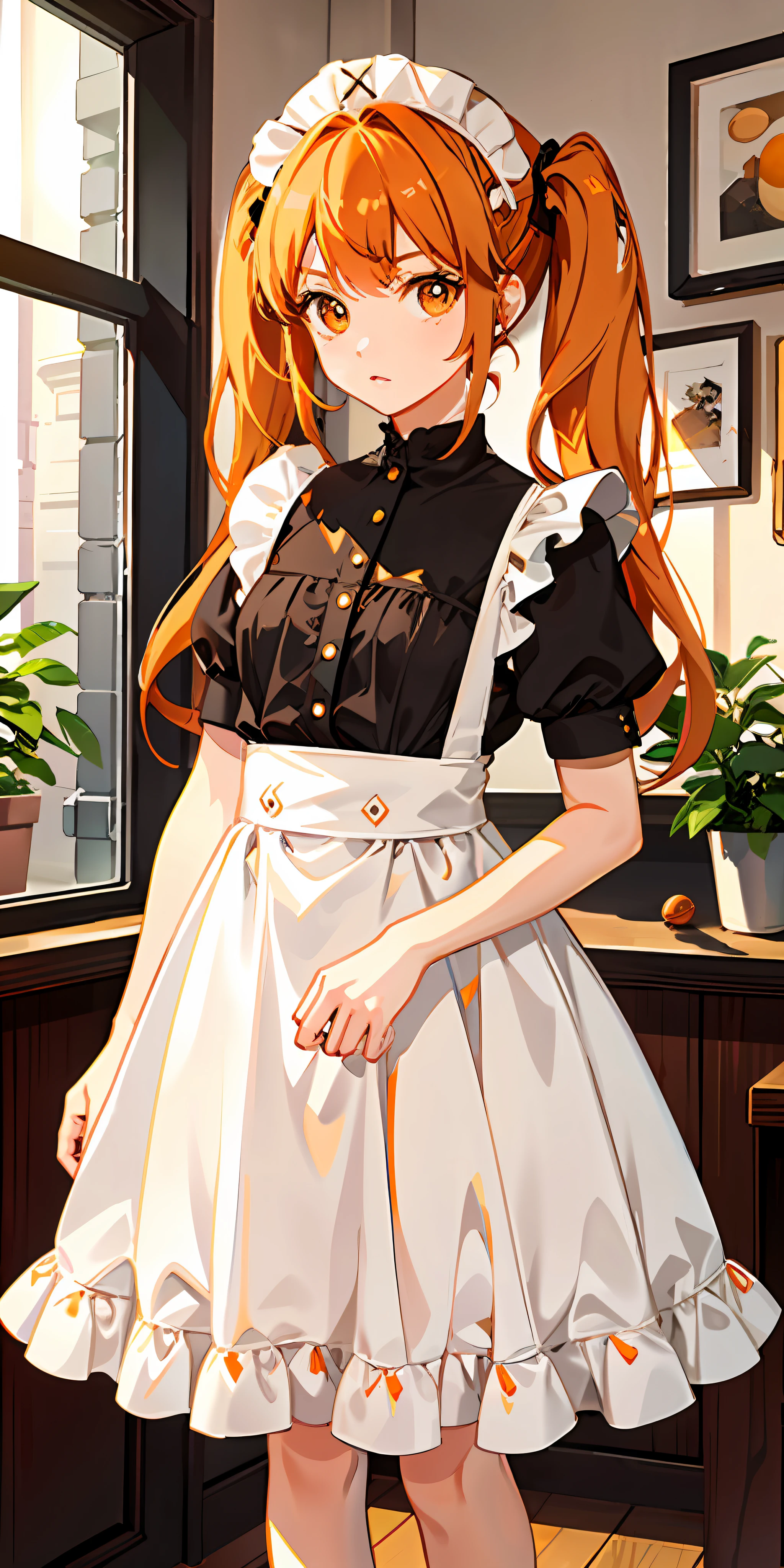 Delicate writing, High quality, 4K, Working in a coffee shop, 1 girl, Age: 16, Hairstyle: Twin tails, Hair color: orange, Eye color: pale brown, (calm face), Big eyes, Height: 150cm, Body type: slender, Breast size: Small, ((orange maid clothes)), white apron, white frills,