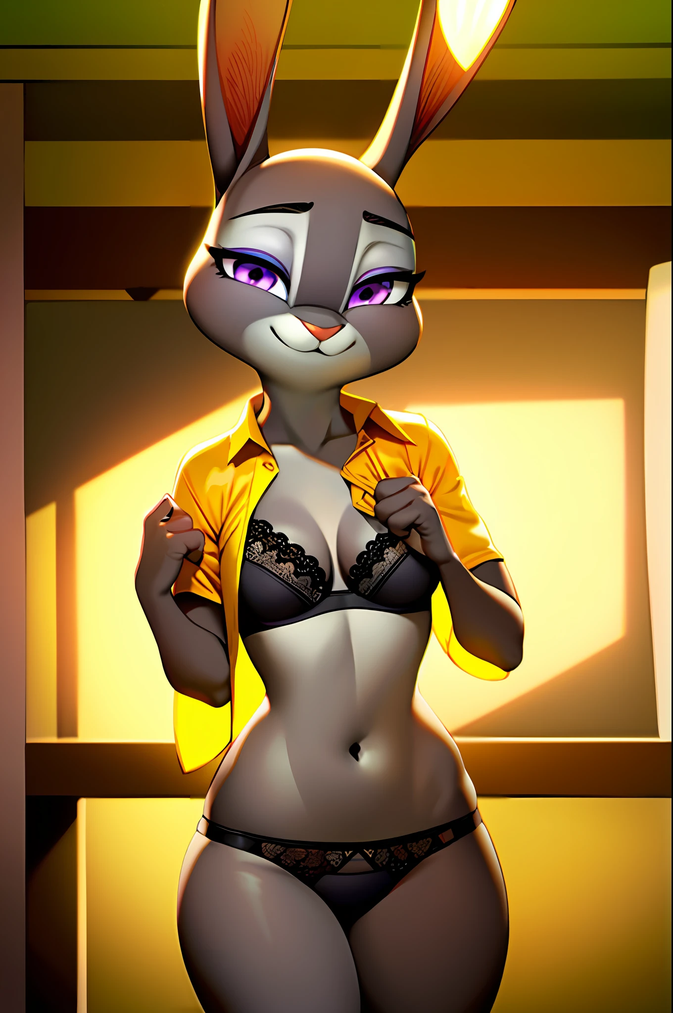 best quality, masterpiece, solo, 1girl, JudyHopps, wears a yellow Hawaiian shirt with green palm prints, the shirt fits very large, opens the shirt with both hands revealing her black lingerie with white lace details, has a seductive look and confident smile, cinematic lighting, office background.