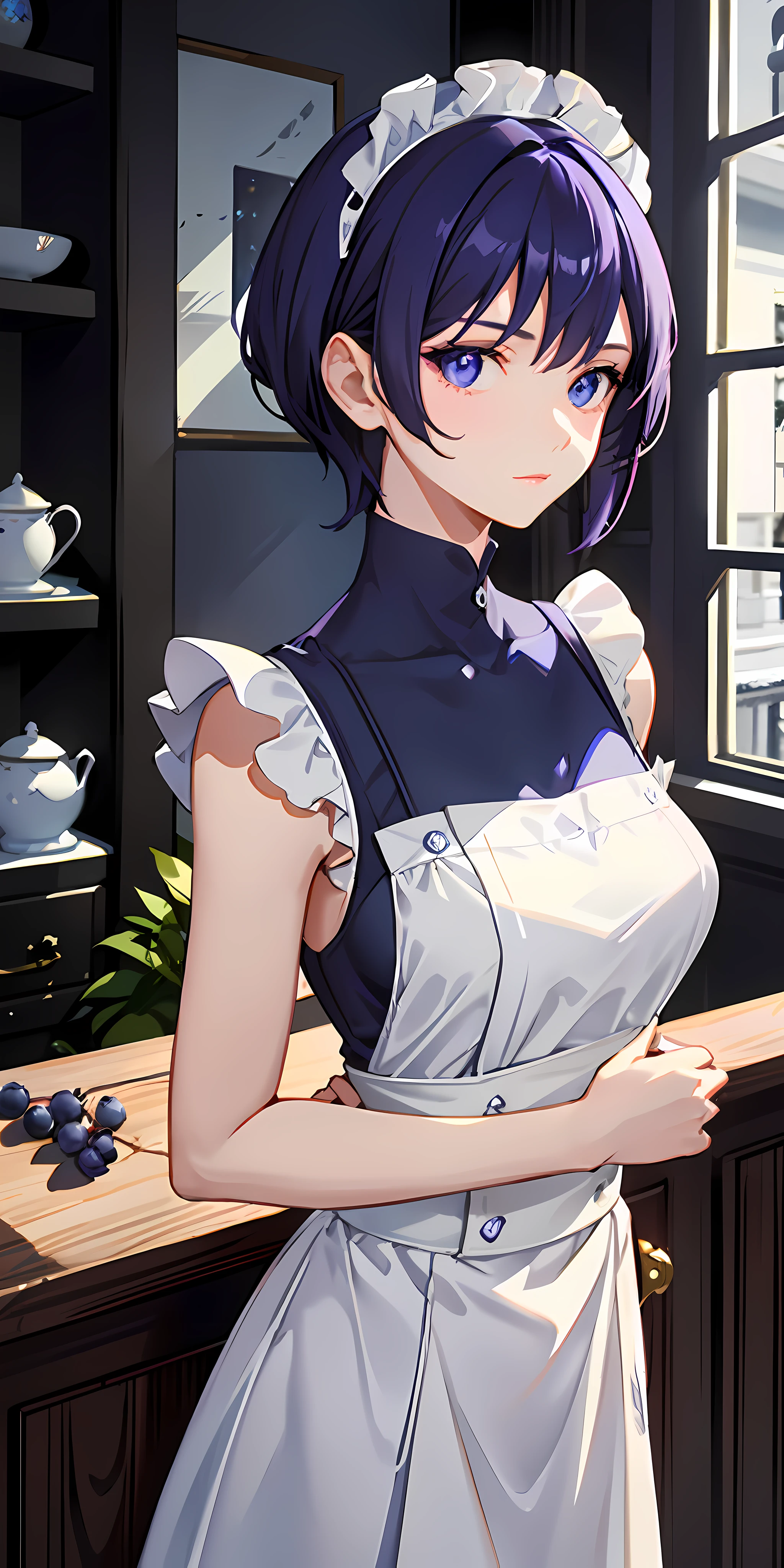 Delicate writing, High quality, 4K, Working in a coffee shop, 1 girl, Age: 24, Hairstyle: Shortcut, Hair color: deep blue-violet, Eye color: light indigo, Face: mature beauty, clean face, calm expression, ((with adult charm)), height: 165cm, body type: slender, breast size: large, (wearing classic blue-violet and white maid clothes), the presence of blueberries in the background,