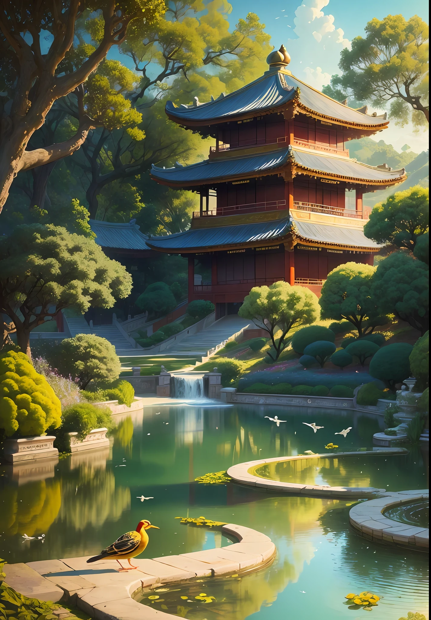 Vista, real scene, Chinese palace, garden, stream, birds and beasts, clouds, magnificent, beautiful woman gorgeous decoration, antique, lantern, depth of field, majestic, glazed tiles, colorful light, , masterpiece, high quality, exquisite graphics, high detail,