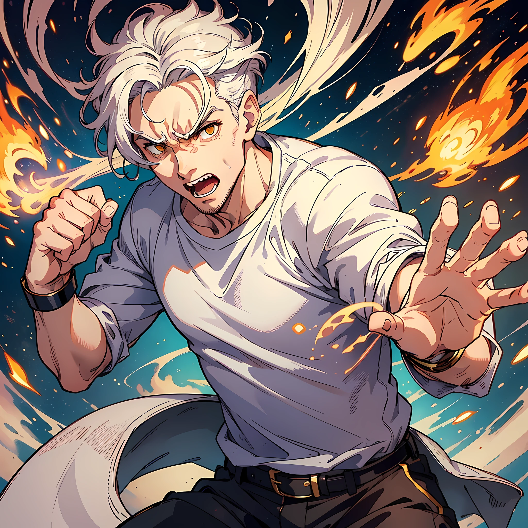 1 Man, handsome, white shirt, white hair, golden pupils, running, hands open, teeth, fists, whole body: 1.2, anger: 1.2, surrounded by flames, heat waves, twisted space, smoke, surrealism