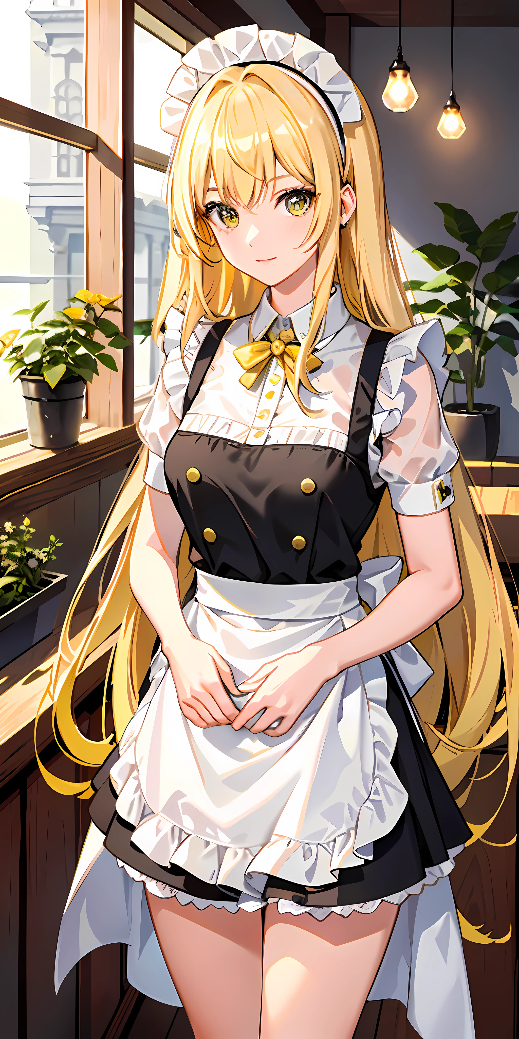 Delicate writing, high image quality, 4k, working in a coffee shop, 1 girl, age: 20 years old, hairstyle is long hair, ((hair is gold)), eyes are green, (((bright and cheerful)), height is 162cm, body shape is slim, breast size is medium, (there are yellow accents on the maid clothes), white apron, lemon on the background,