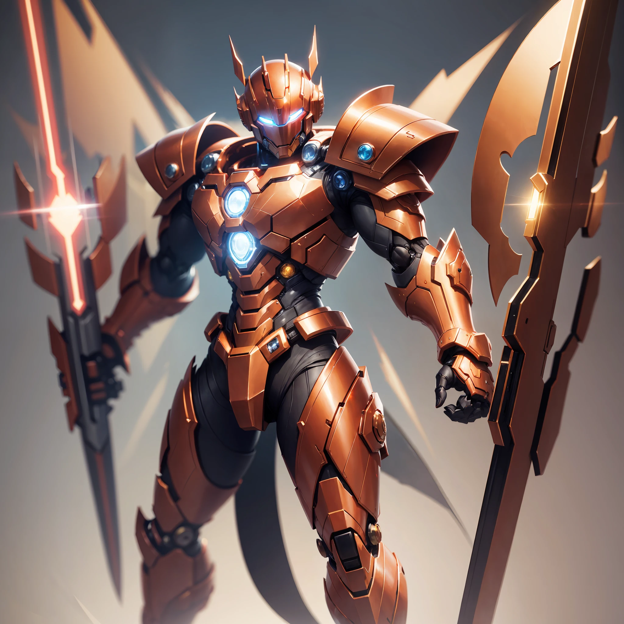 Well-lit image, high quality. Robot with masculine appearance, full body, with legs and arms well visible, wearing red armor with gold details. Holding an energy shield, Facing the camera.