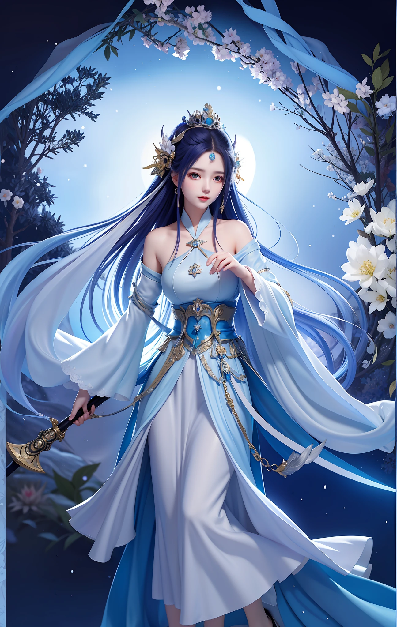 Sword girl in blue dress before the full moon, fairy tale fantasy, anime girl with long hair and blue skirt, beautiful girl with a crown ((a beautiful fantasy empress)), full body fairy swordsman, palace, girl in Hanfu, inspired by Lan Ying, fairy tale fantasy, fairy swordsman, Kurosawa Nishiya, beautiful figure painting