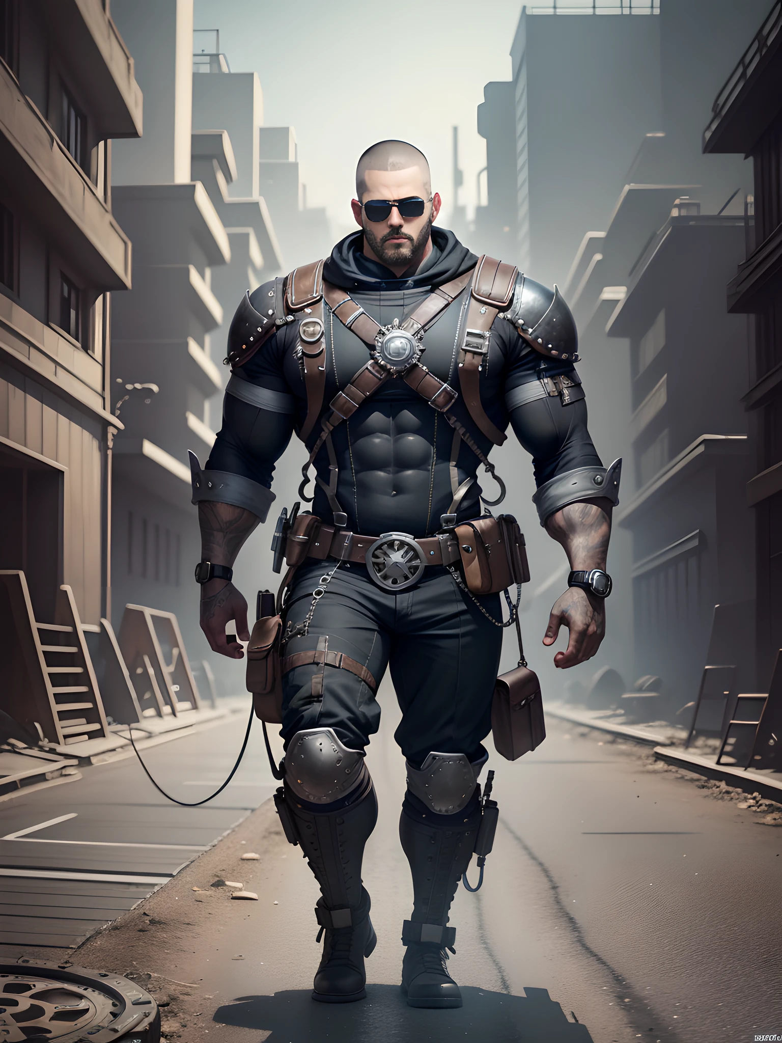 Male in the Heath, tall burly, dark black tights, big muscles, big bumps, Buzz cut, black sunglasses, black military boots, buzz cut, steampunk style, steampunk art, complex mechanical devices such as gears, pipes, valves, (huge industrial building: 1.4), gray theme, retro futurism, crazy details, (Fujiflim XT3), 20 megapixels, detailed, cinematic particles,