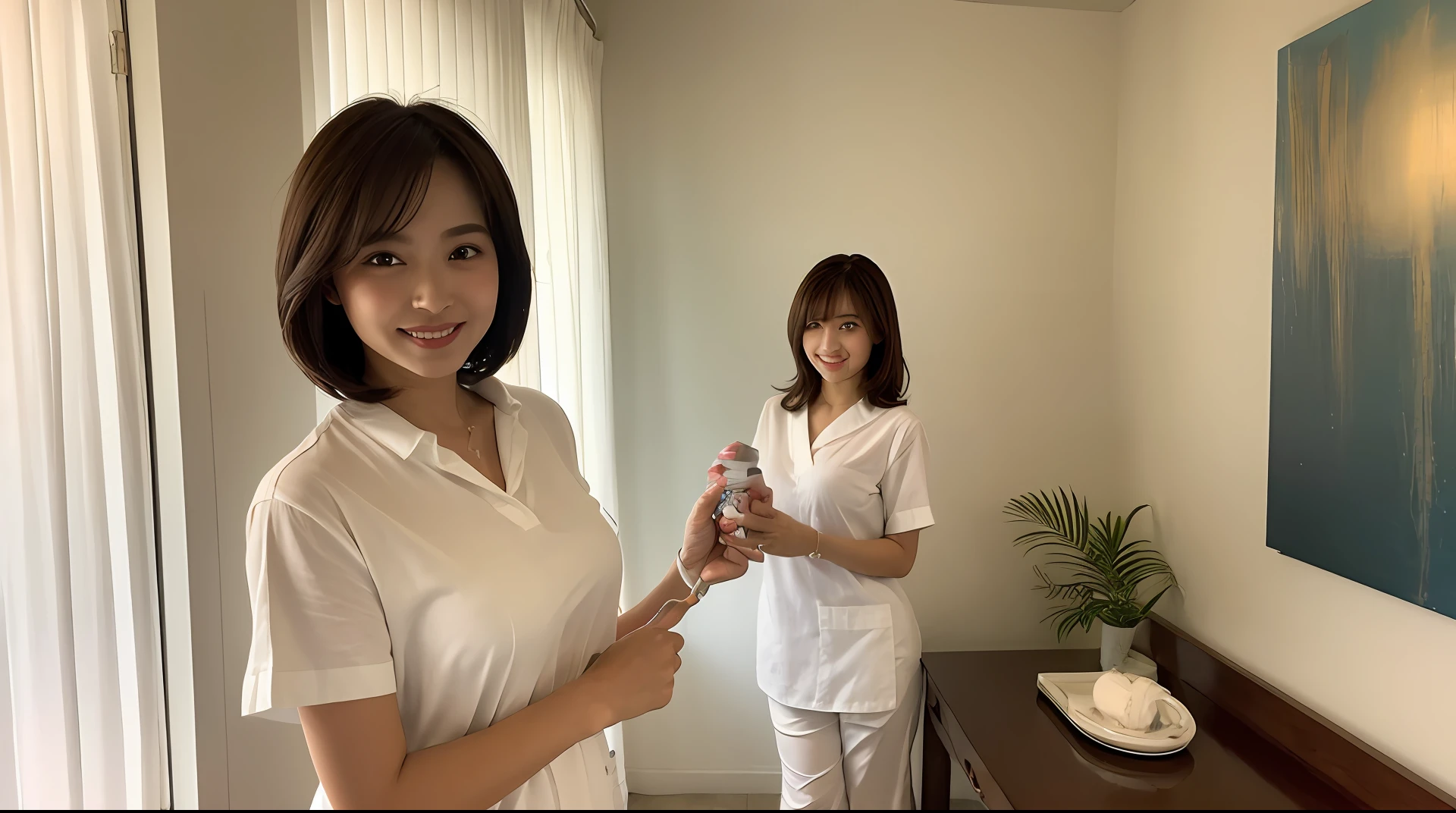 Top Quality, 8k, 32k, Masterpiece, UHD: 1.2), Cute Japan Woman Pictures, 1 Girl, (Medium Short Medium Brown Hair), Double Eyelids, Big, Smile, Therapist, Uniform, ((Pure White Tunic))), White Pants, Treatment Room, Massage, Bed, Plants, Cowboy Shot, Standing, Short Sleeves, Stand Light, holding a towel in hand, (((1 woman))), from the front, door, painting, curtain, mirror