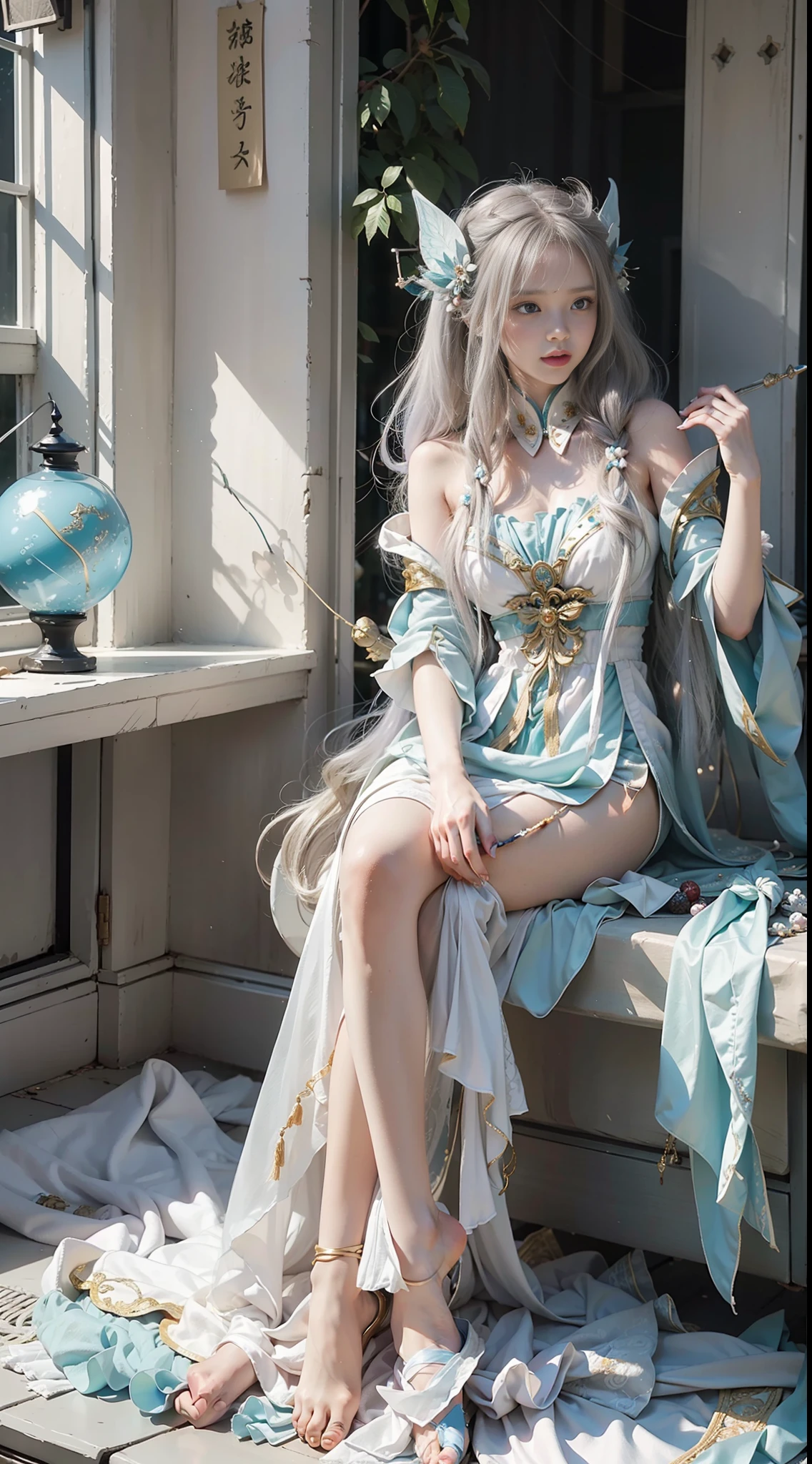 Close-up of women in costumes on stage, full body fairy, beautiful celestial mage, amazing young ethereal characters, beautiful fantasy queen, astral witch costume, sand stream, flowing magic robe, white Hanfu, fairy fantasy, beauty Delfin, ethereal fantasy, elegant and charming cosplay, Hirase Jinyao, lying on the bed, charming, very funny, a sports car, night punk oriental architecture! Lots of neon