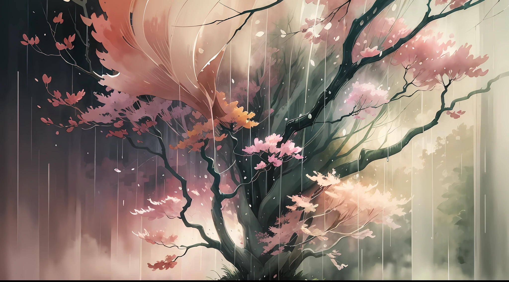 (Watercolor style, spectral art) + (wind and rain, swaying branches, falling flowers) (vista) rich and gorgeous colors + (flow + subtle reflection) + (blending + splashing) + (light and shadow + swaying dynamic)