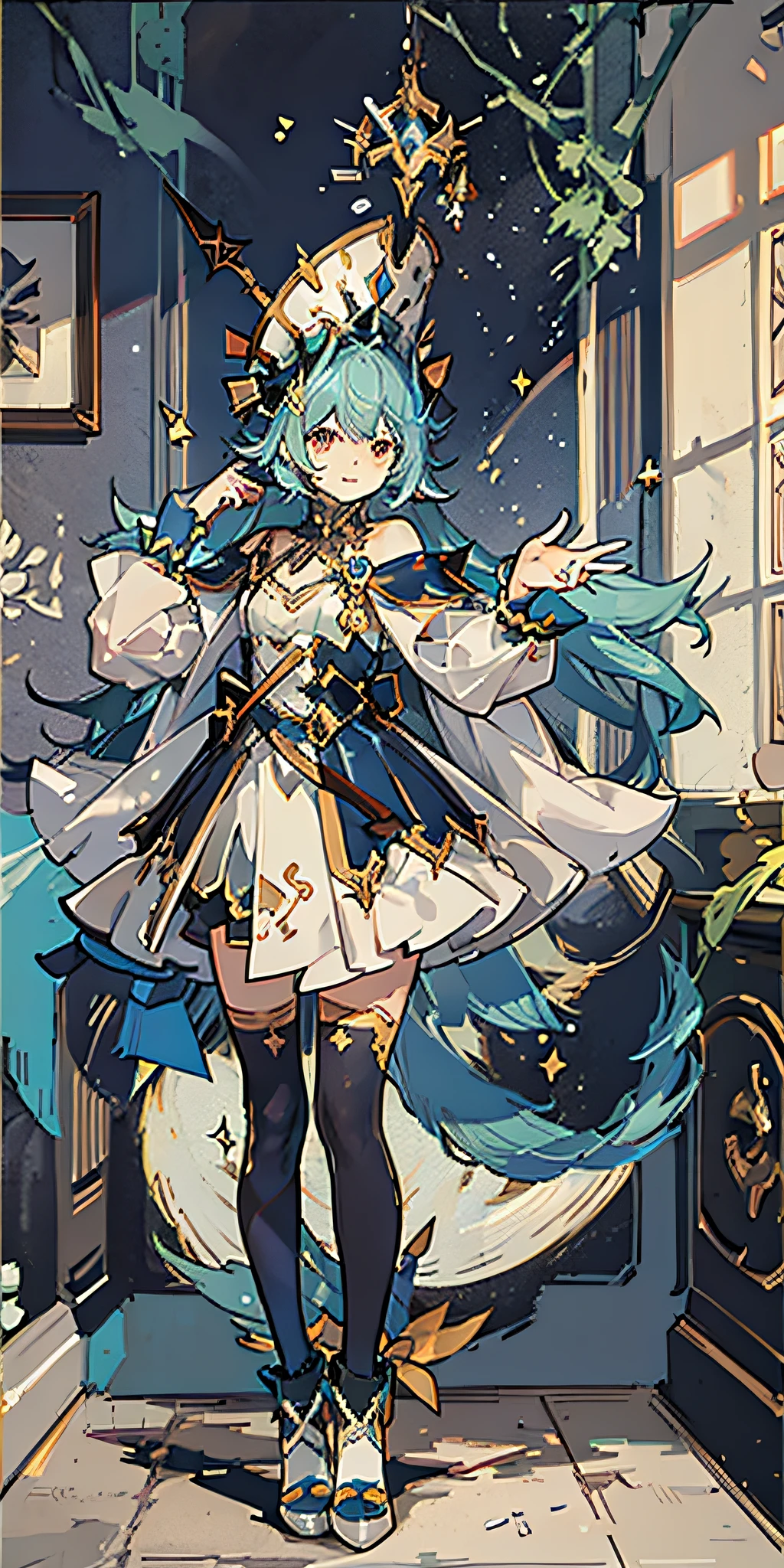 Rabbit, fantasy creature, dynamic pose, small items, cards, standing painting, split items, multi-costume, disassemble design, floor, HD, masterpiece, super detail, best quality, high resolution, ultra definition, 16